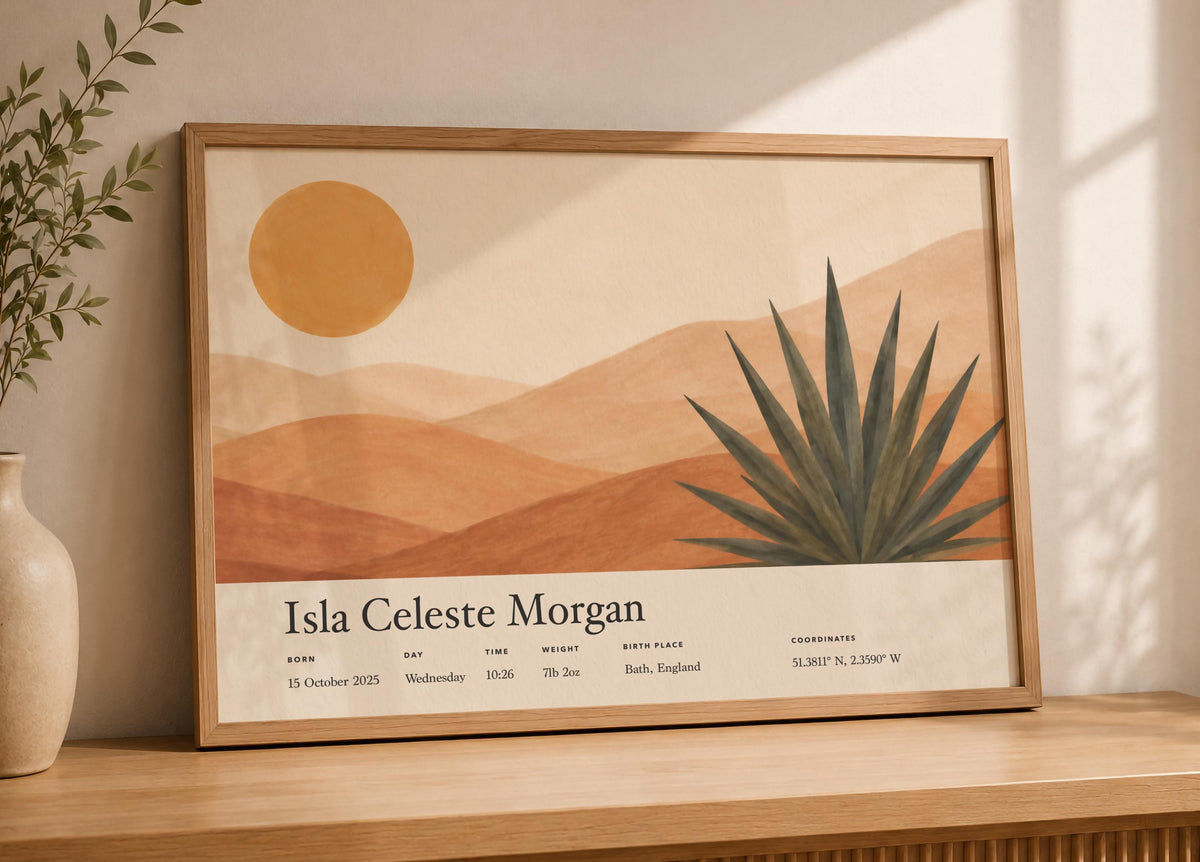 Personalised Birth Story Print | Agave Desert Landscape Nursery Art | Framed or Unframed