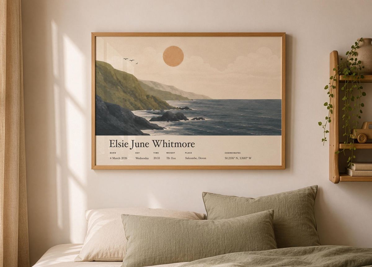 Personalised Birth Story Landscape Print | Coastal Nursery Wall Art | Framed or Unframed