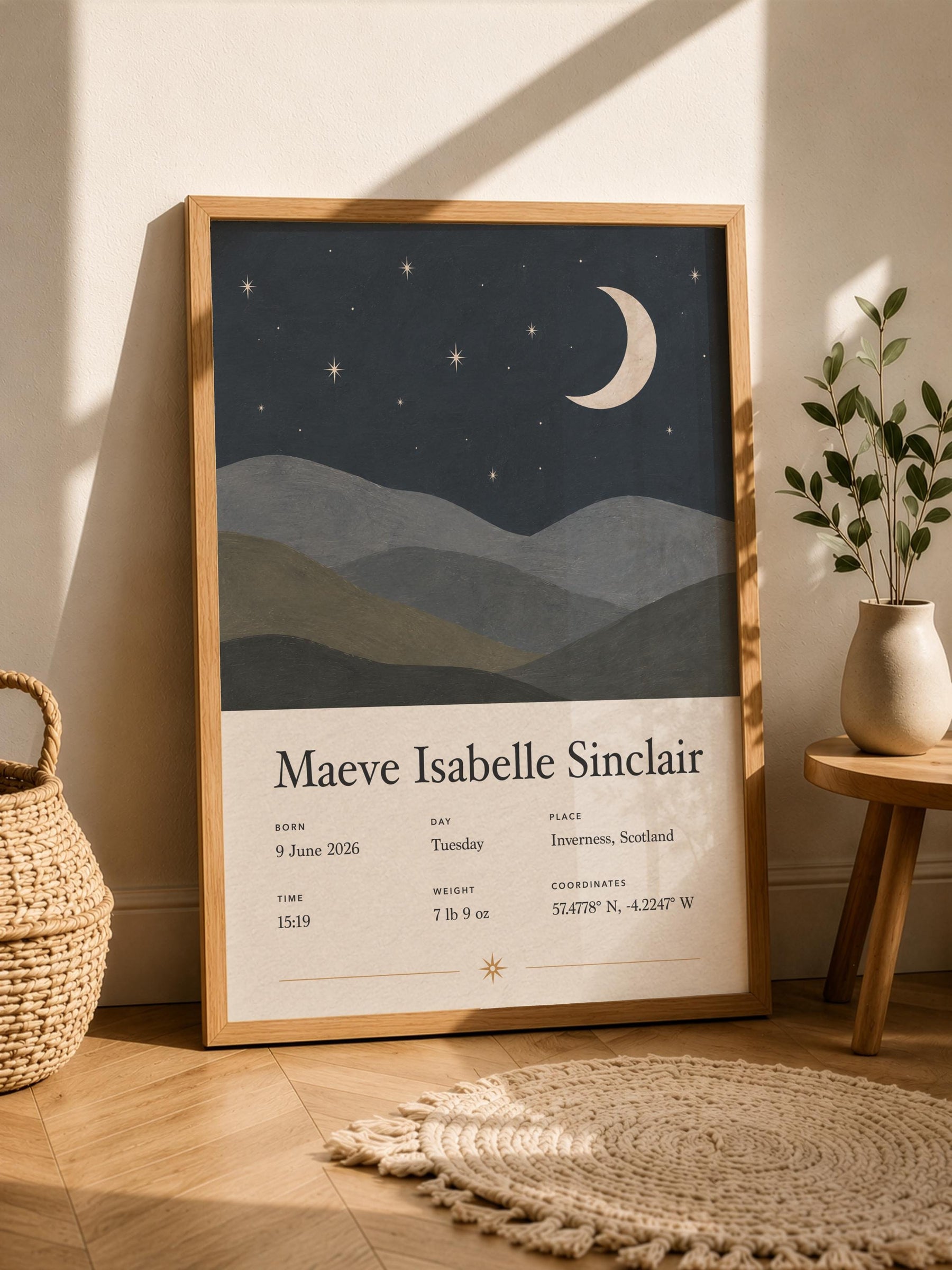 Personalised Moon Stars Birth Story Print | Custom Nursery Wall Art | Framed or Unframed
