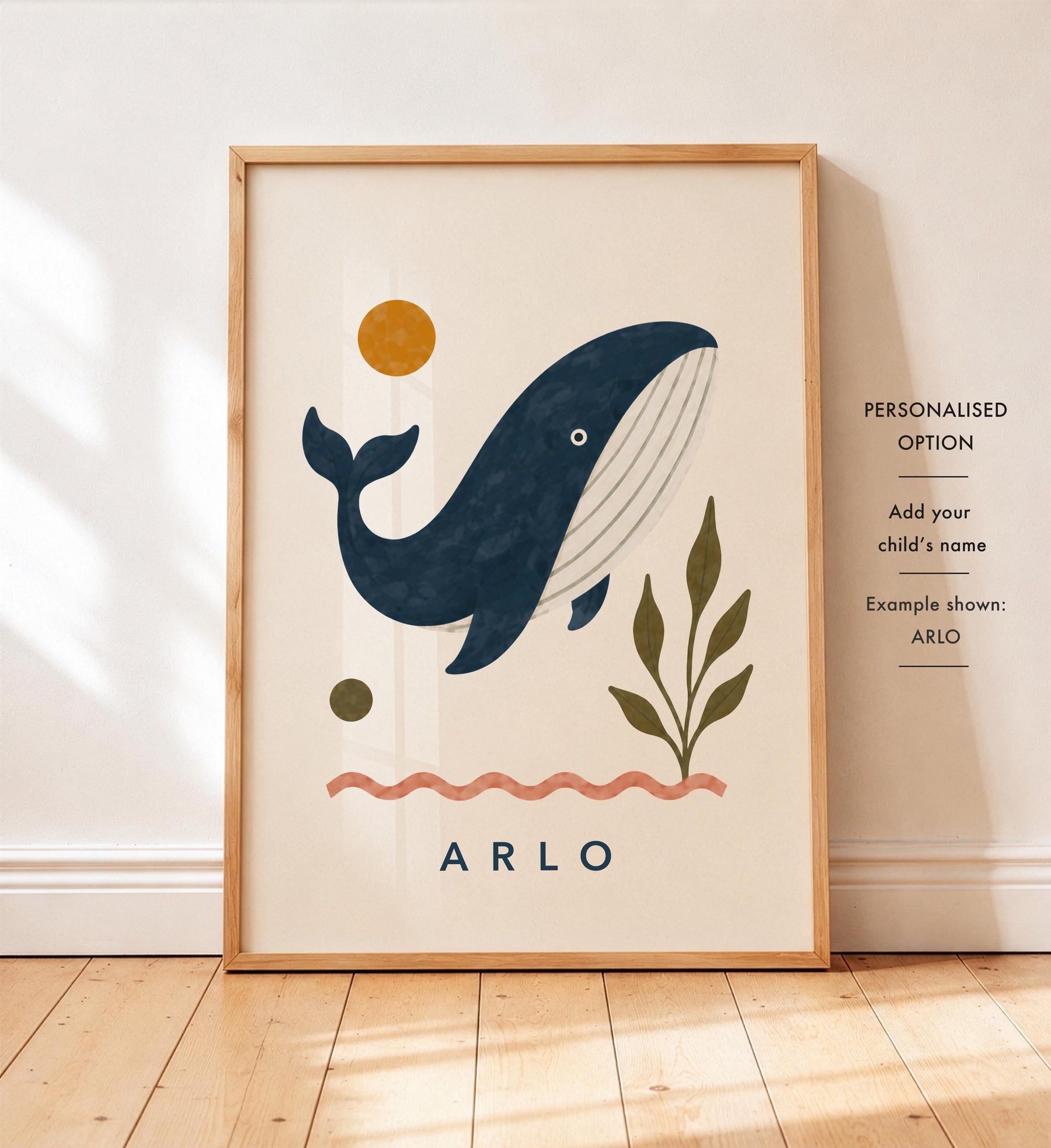 Personalised Whale Nursery Print | Ocean Animal Illustrated Wall Art | Framed or Unframed