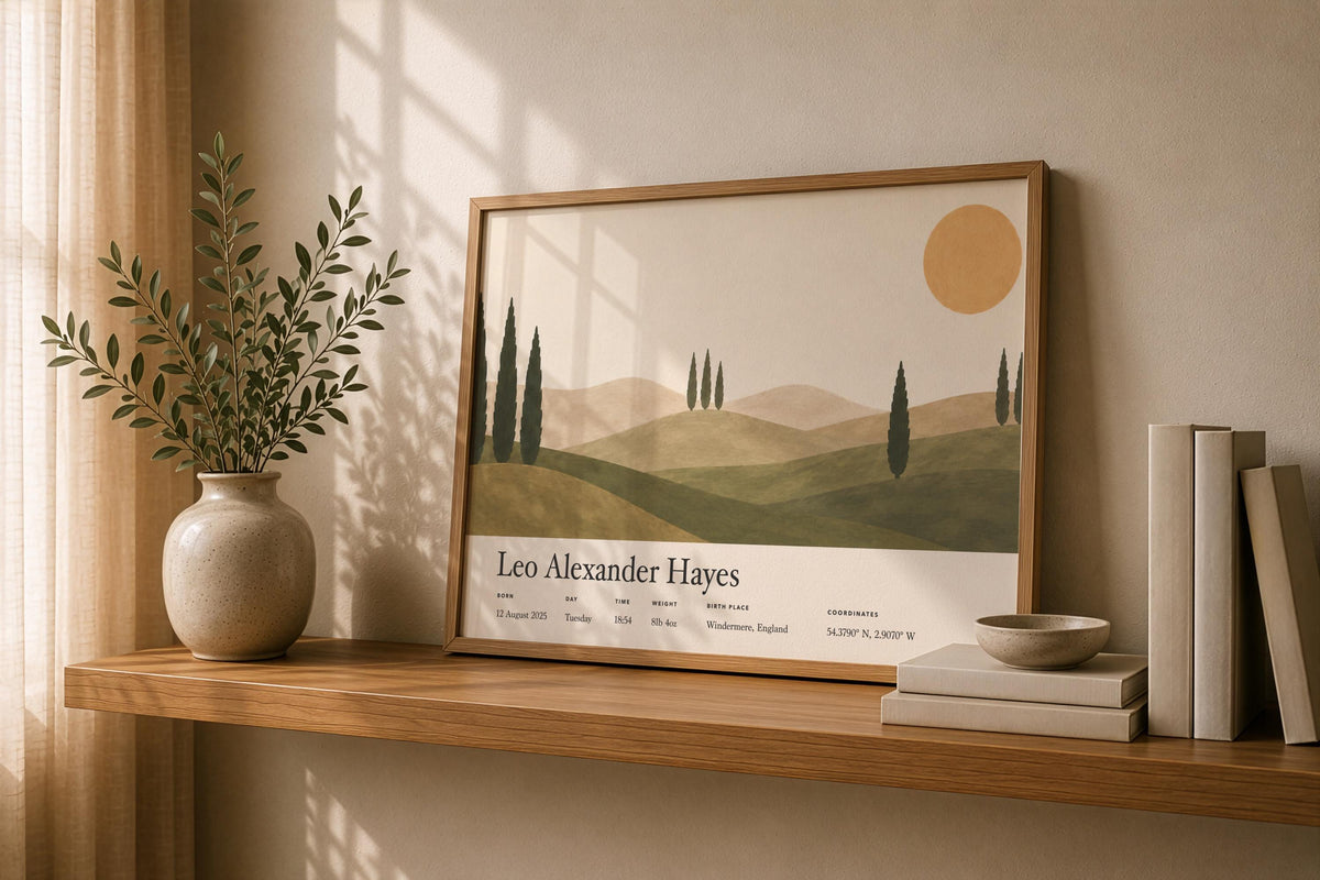 Personalised Birth Story Landscape Print | Mediterranean Nursery Wall Art | Framed or Unframed