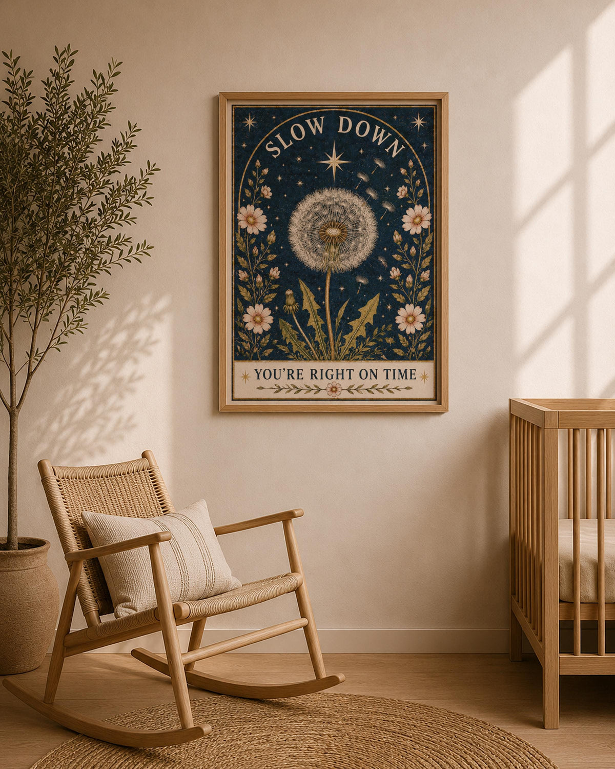 Slow Down Dandelion Folk Art Print | Celestial Wildflower Folk Art | Framed or Unframed