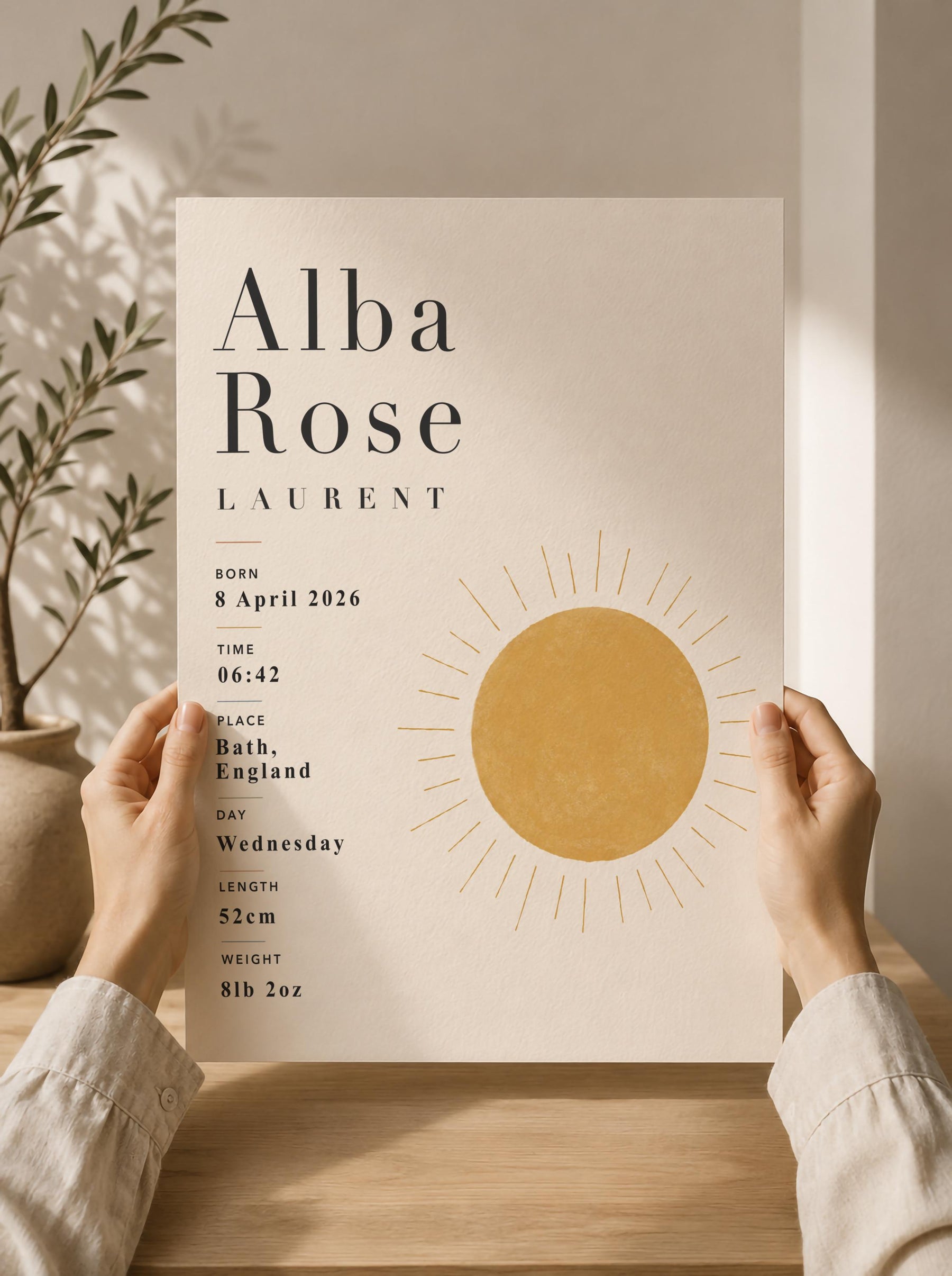 Personalised Sun Birth Record Print | Yellow Nursery Wall Art | Framed or Unframed