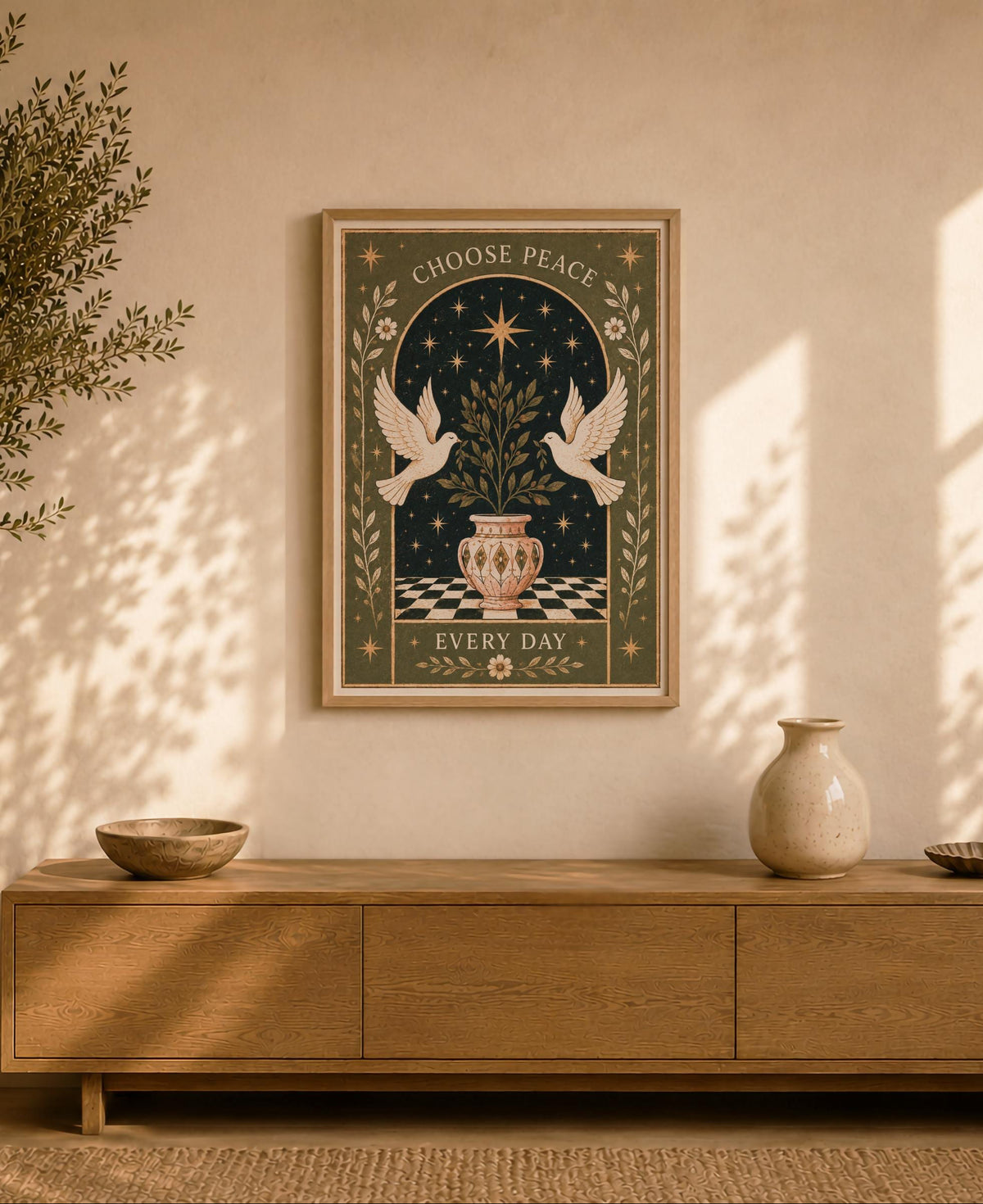 Choose Peace Print | Inspirational Celestial Wall Art, Folk Dove Illustration, Framed or Unframed