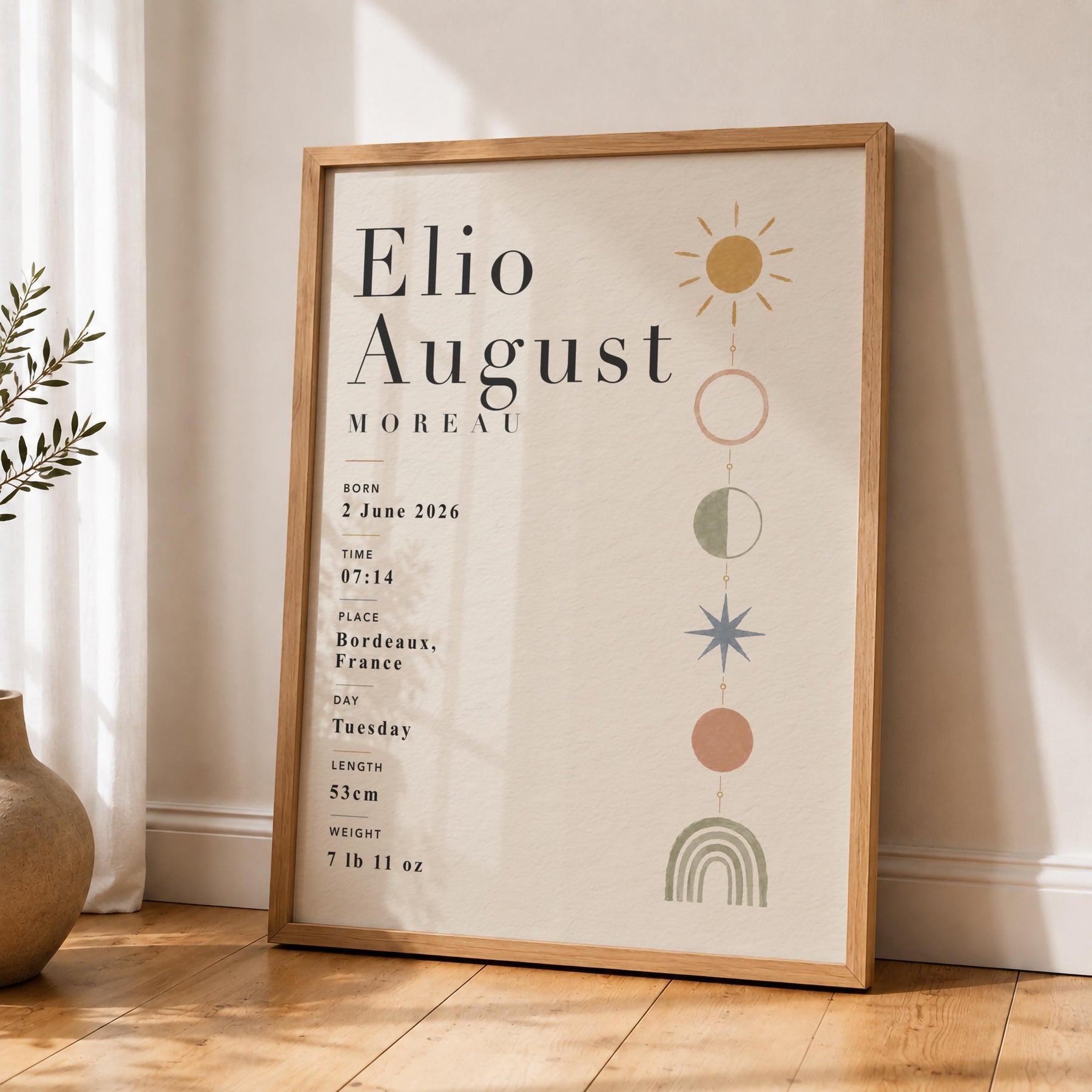 Personalised Baby Birth Record Print | Celestial Nursery Wall Art | Framed or Unframed