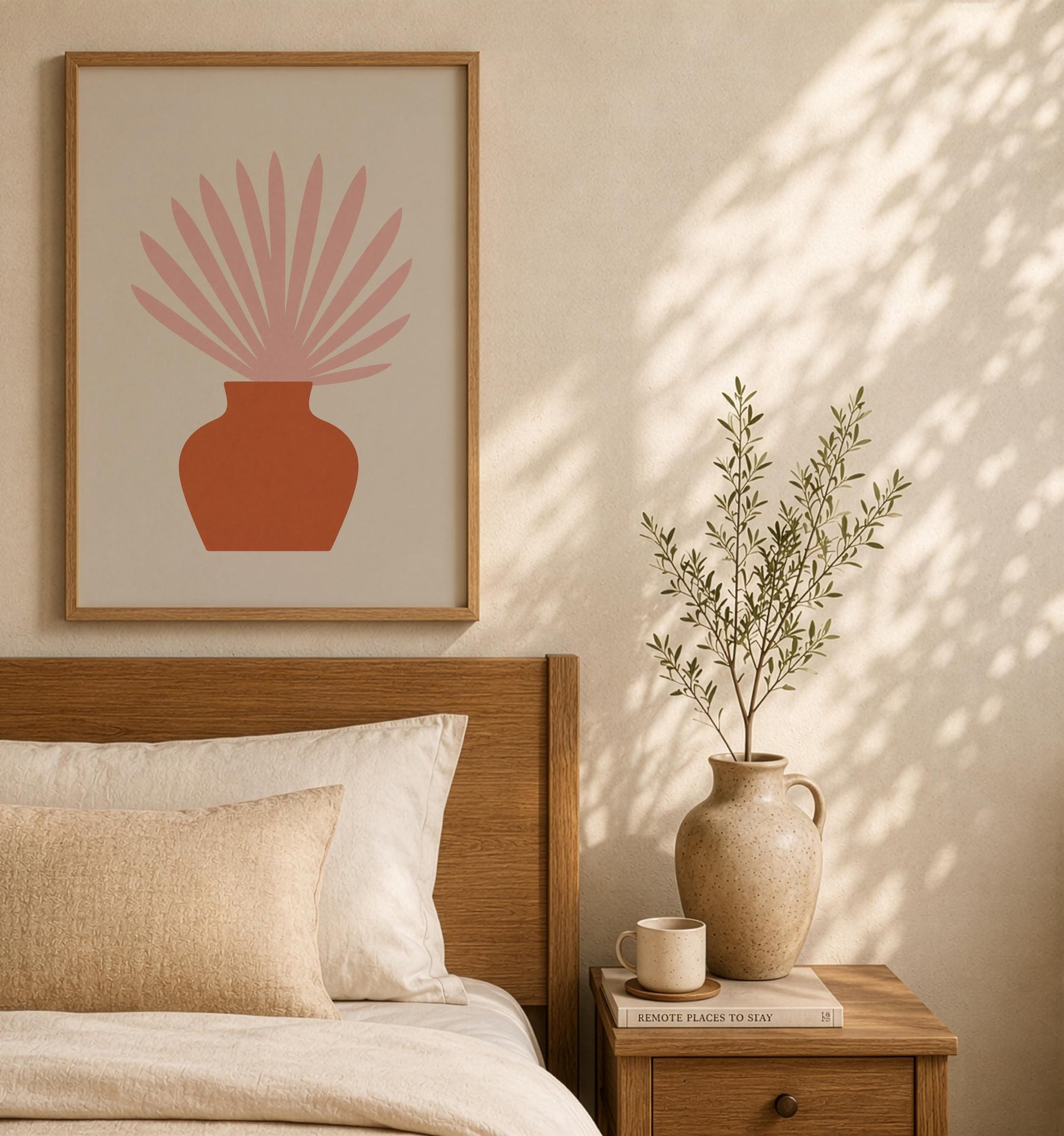 Botanical Vase Print | Ventaglio Pink Fan Palm, Mediterranean Wall Art | Framed or Unframed