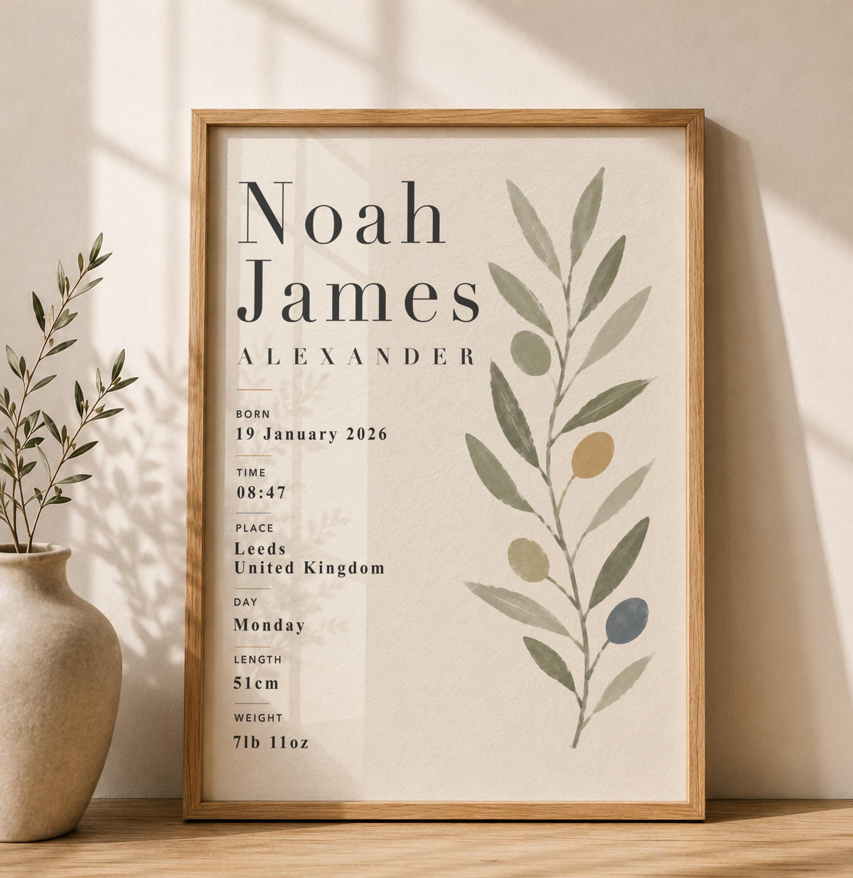 Personalised Botanical Birth Record Print | Custom Nursery Wall Art | Framed or Unframed
