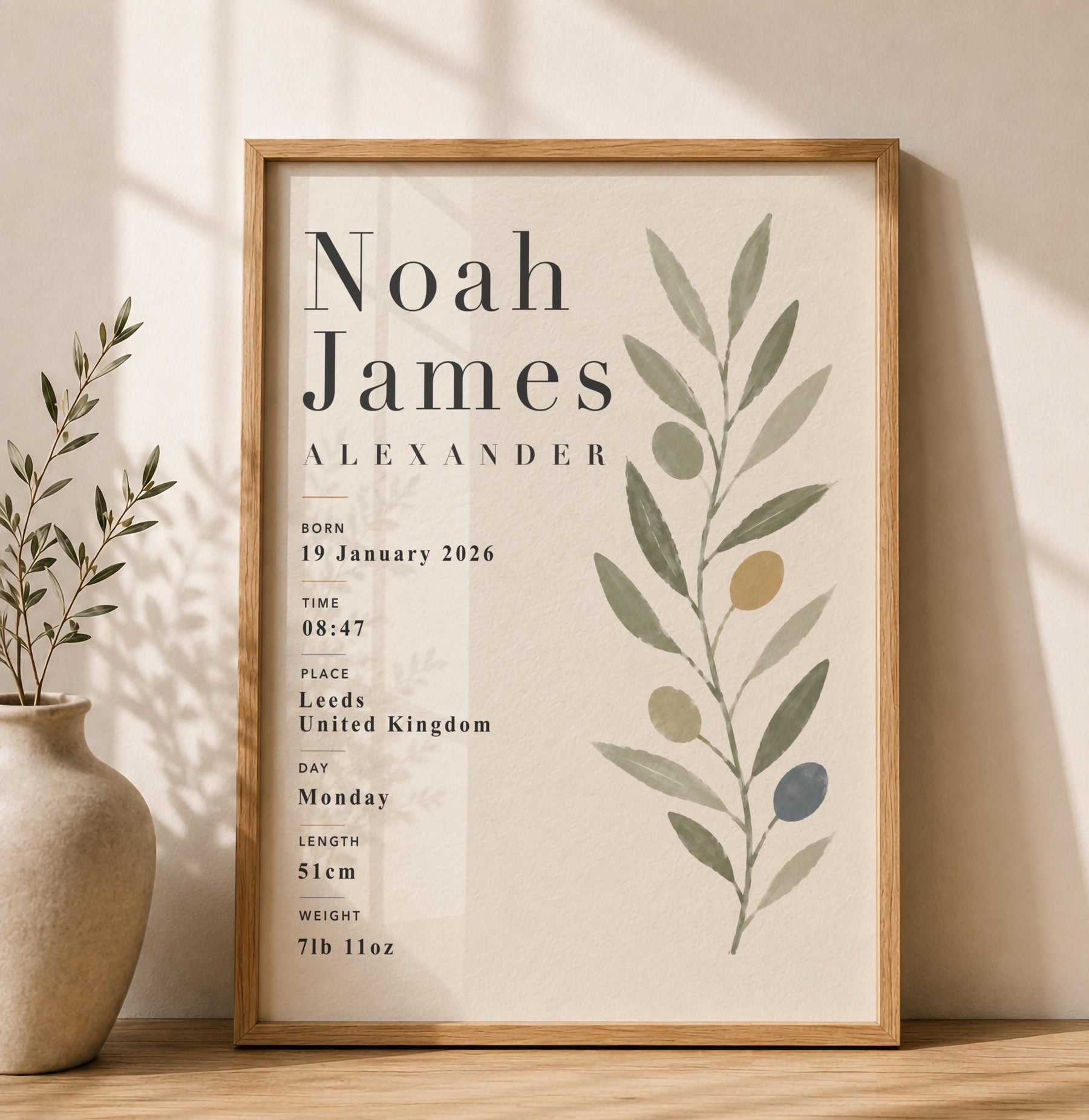 Personalised Botanical Birth Record Print | Custom Nursery Wall Art | Framed or Unframed