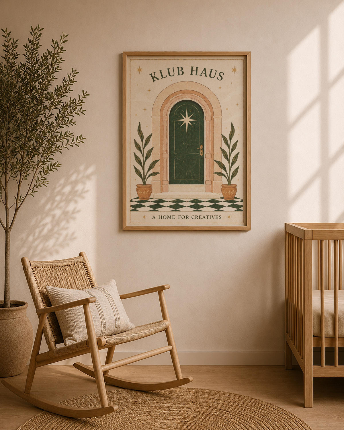 Klub Haus Print | Mediterranean Folk Art Illustration, Archway Star Door Decor | Framed or Unframed