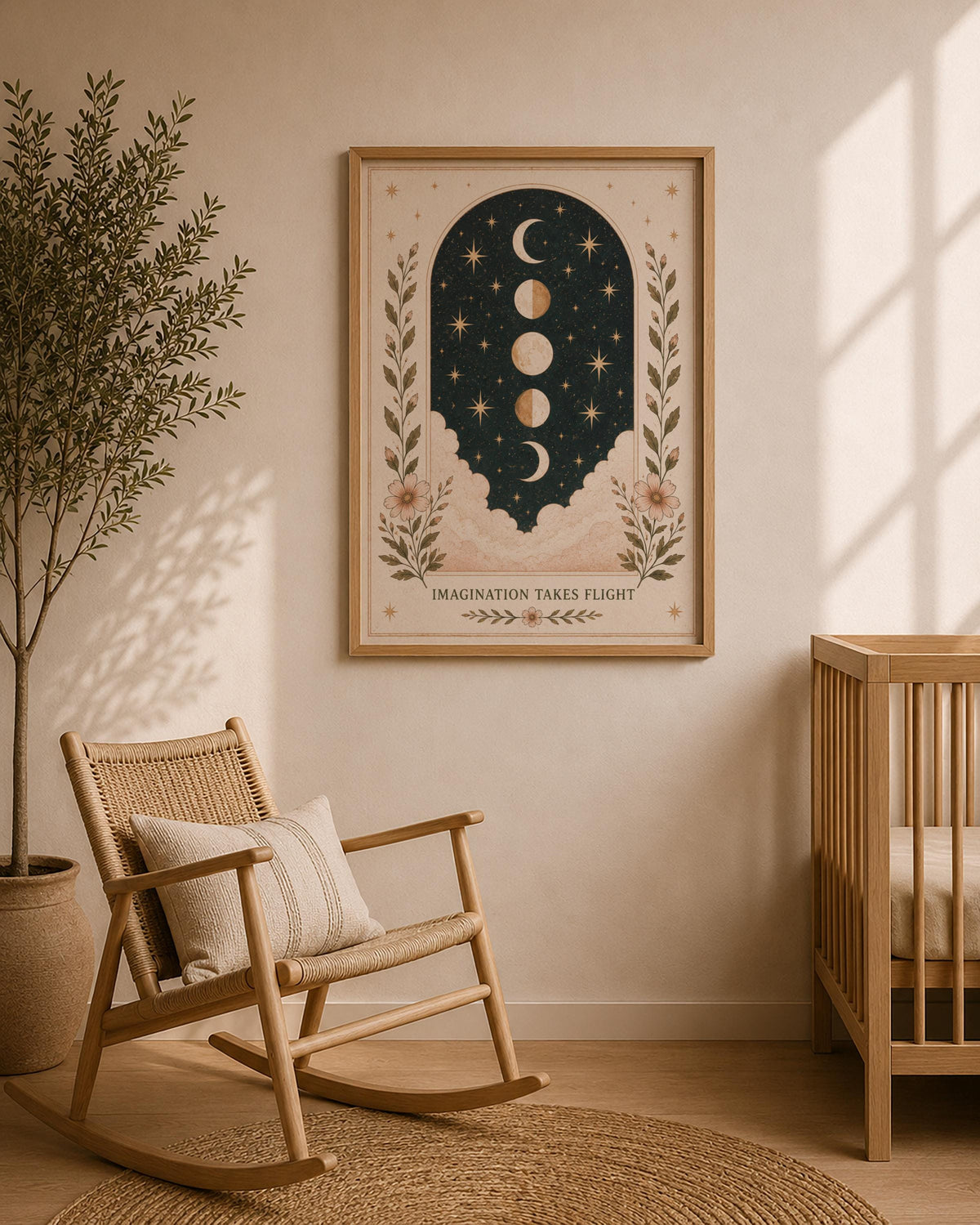Imagination Takes Flight Celestial Moon Phases Print | Inspirational Folk Art Illustration | Framed or Unframed