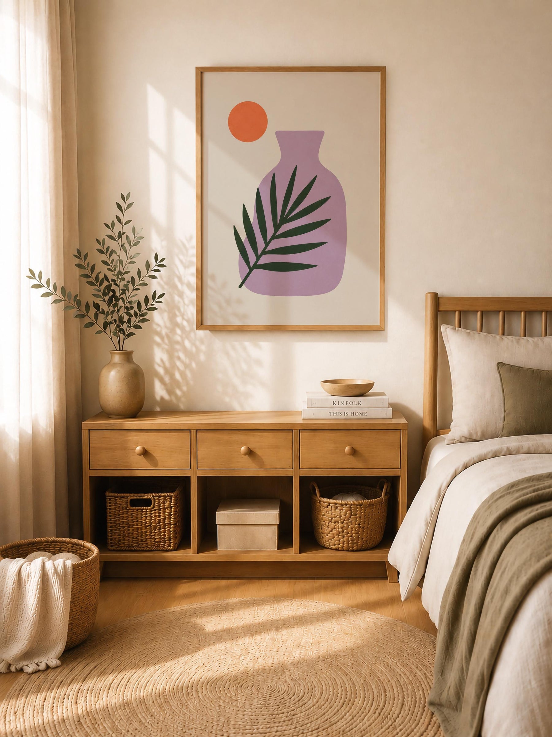 Sunset Palm Leaf Print | Purple Vase Botanical Art, Mediterranean Modern Decor | Framed or Unframed