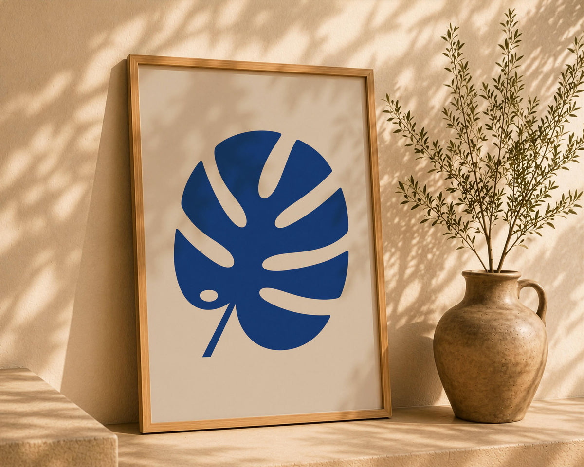 Blue Monstera Leaf Print | Modern Botanical Wall Art, Minimalist Room Decor | Framed or Unframed