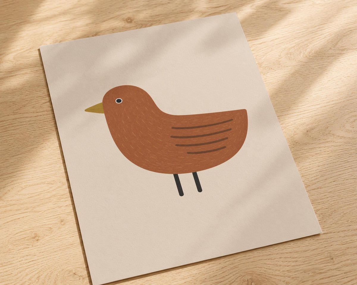 Hand-Painted Bird Print | Scandinavian Folk Art, Neutral Nursery Decor | Framed or Unframed