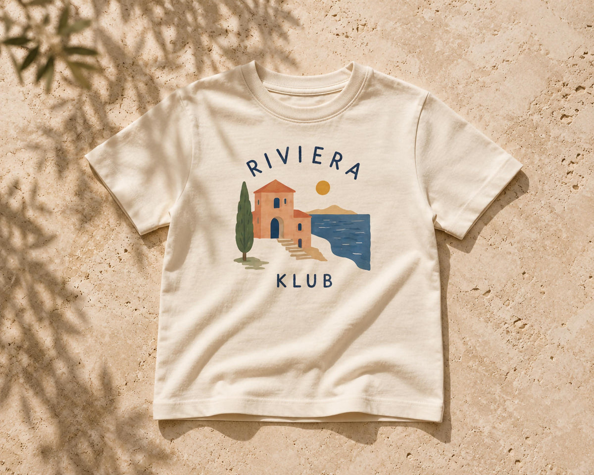 Riviera Klub Kids T-Shirt - Organic Cotton Mediterranean Coastal Graphic Tee, Summer Kids Clothing