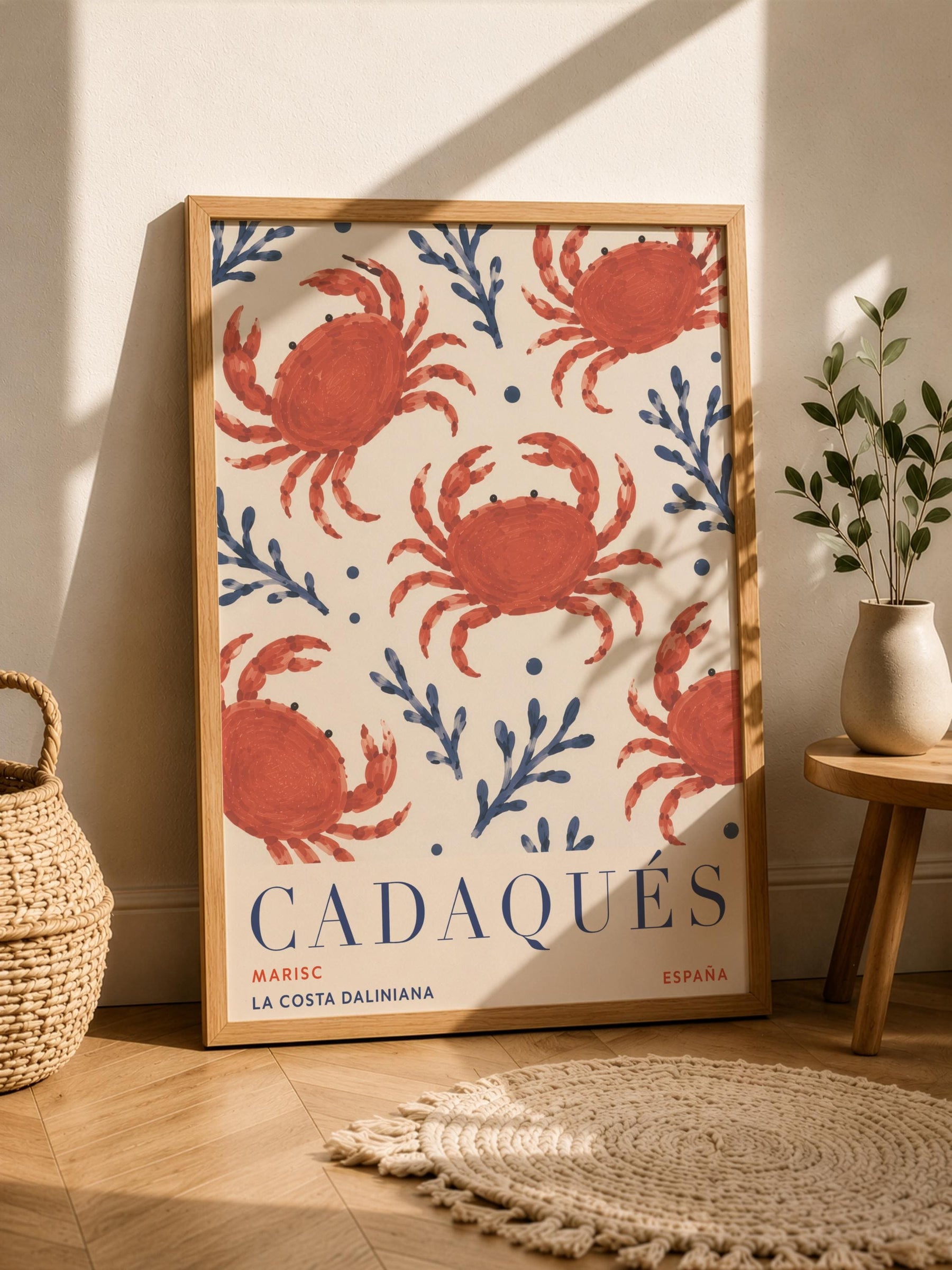 Cadaqués Spain Travel Poster | Hand-Painted Crab Coastal Mediterranean Wall Art | Framed or Unframed