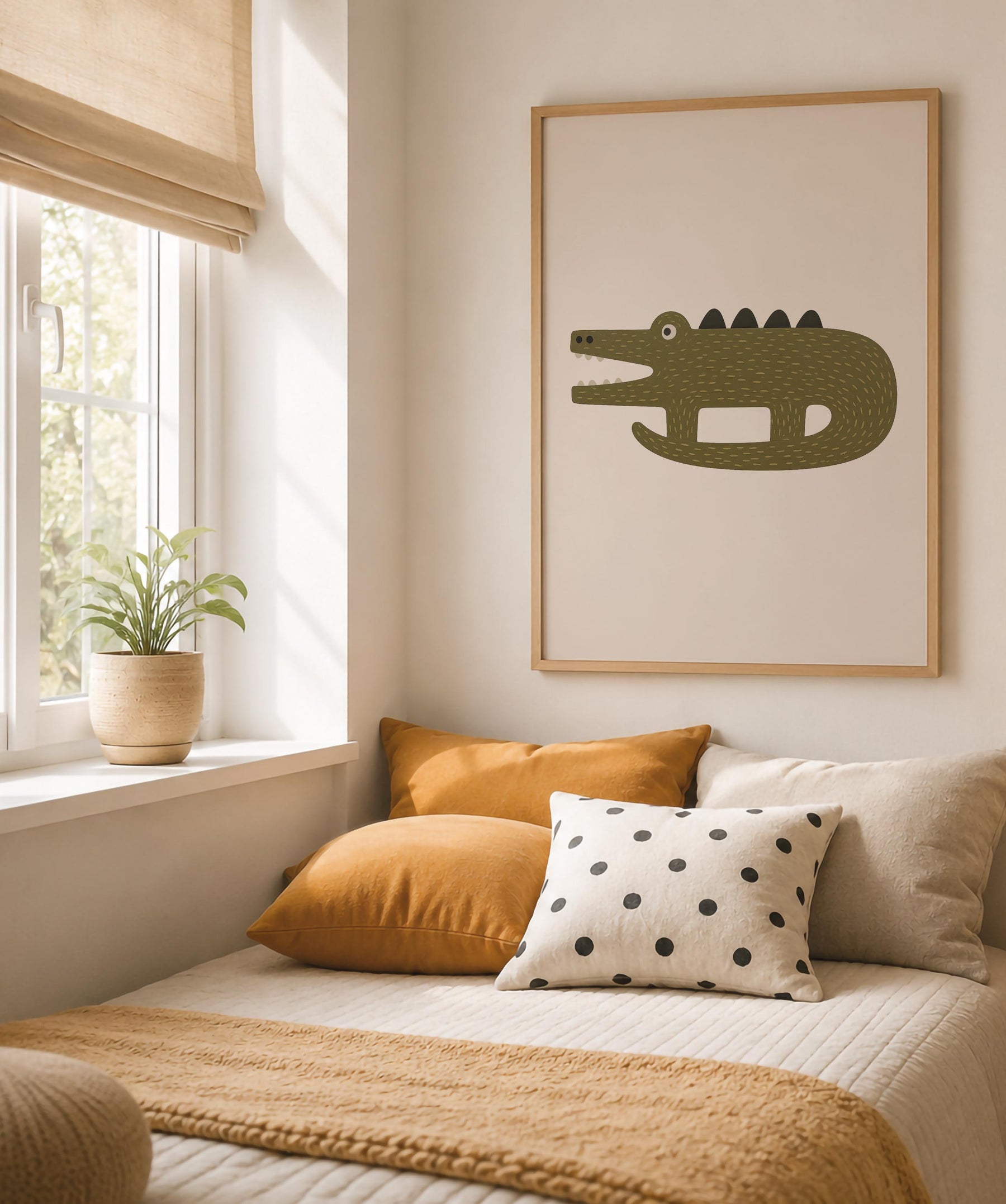 Hand-Painted Crocodile Print | Scandinavian Animal Art, Neutral Nursery Decor | Framed or Unframed