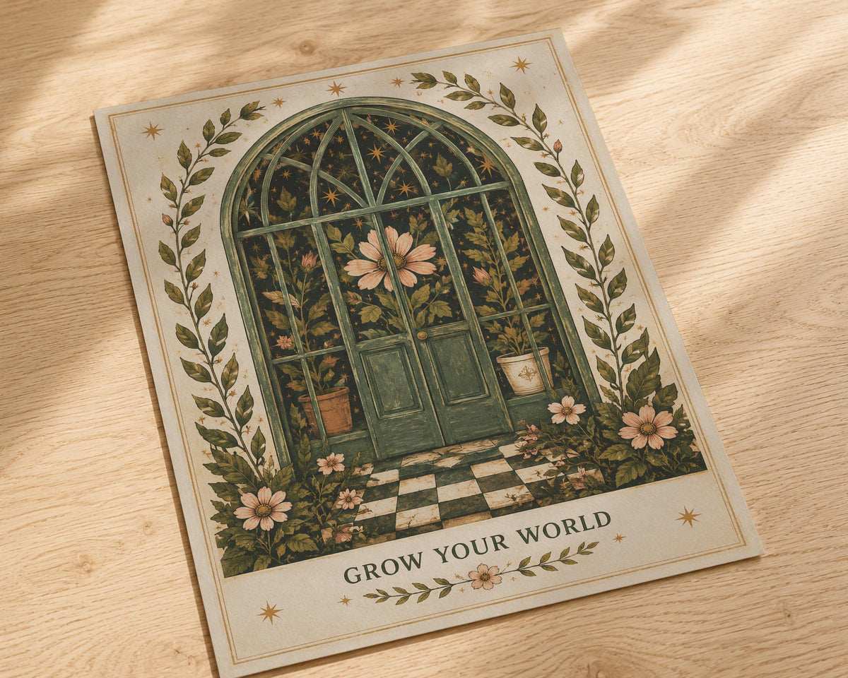 Grow Your World Botanical Greenhouse Print | Inspirational Folk Art Celestial Wall Decor | Framed or Unframed