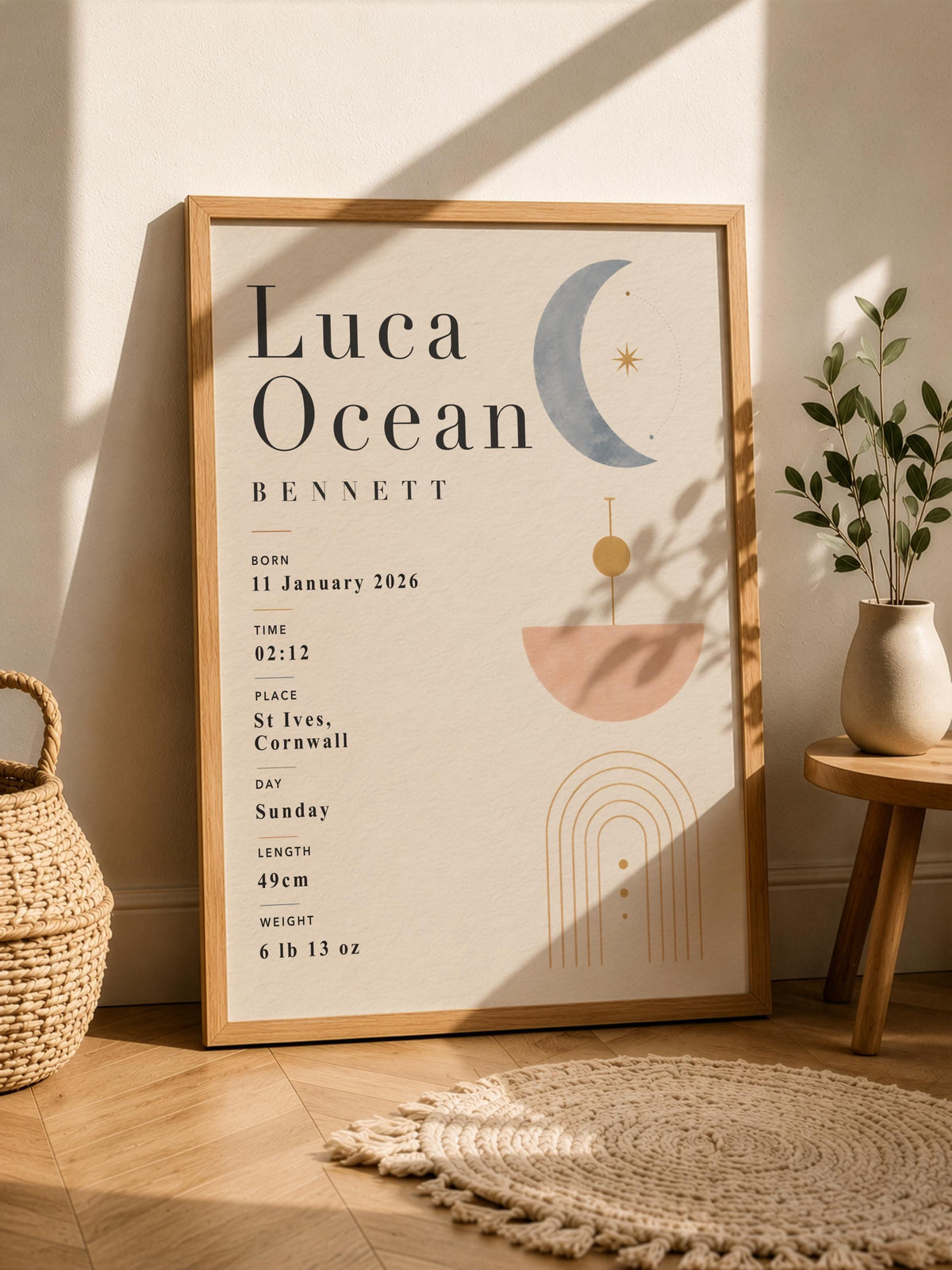 Personalised Celestial Birth Record Print | Modern Nursery Wall Art | Framed or Unframed