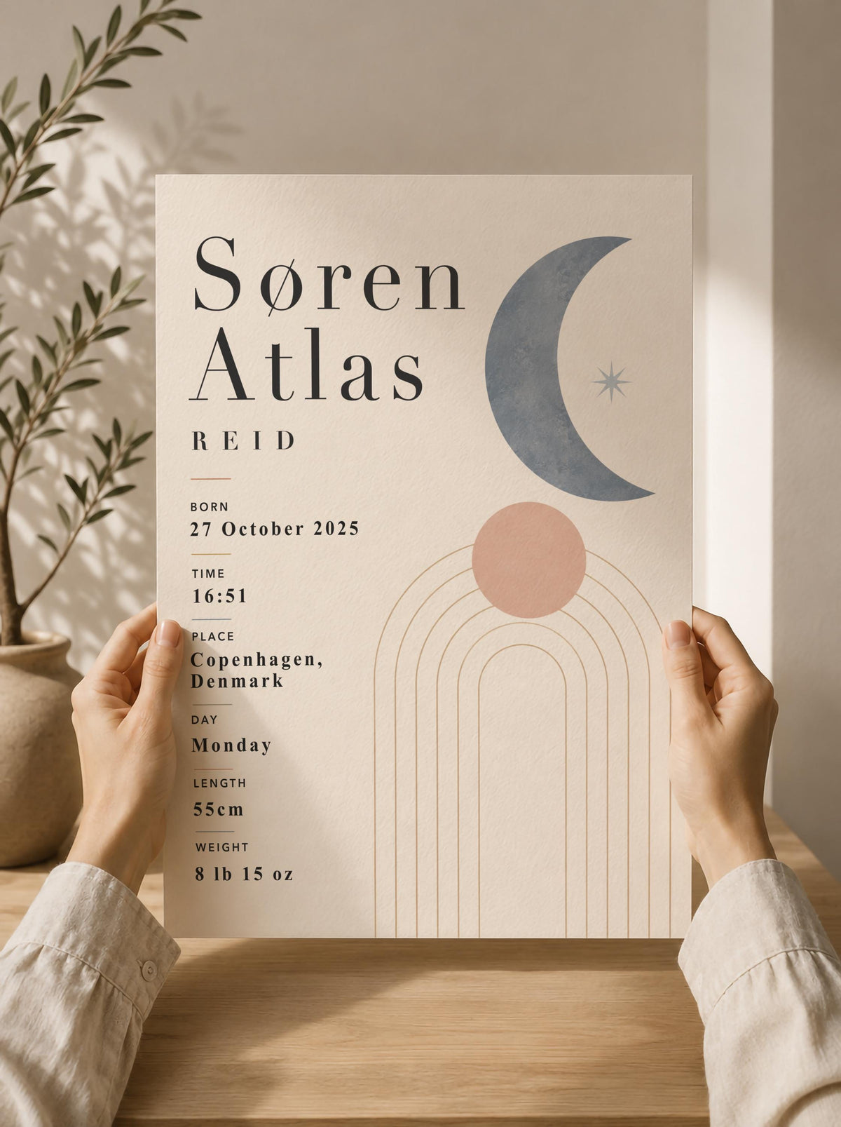 Personalised Moon Birth Record Print | Modern Nursery Wall Art | Framed or Unframed