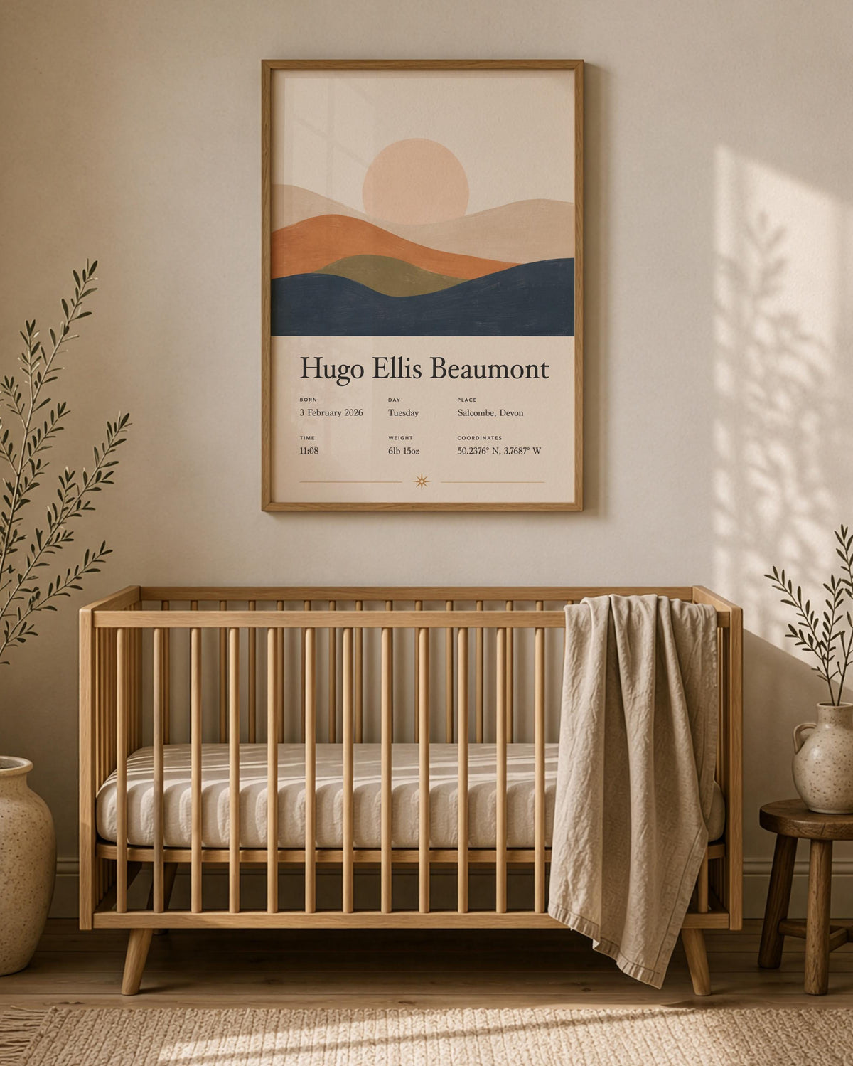Personalised Birth Story Print | Rolling Hills Landscape Nursery Wall Art | Framed or Unframed