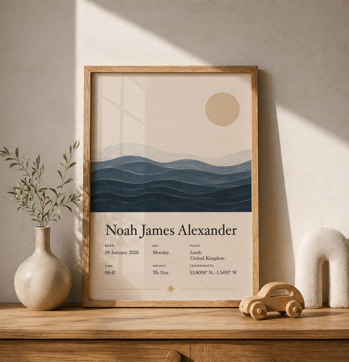 Personalised Birth Story Print | Ocean Waves Seascape Nursery Wall Art | Framed or Unframed