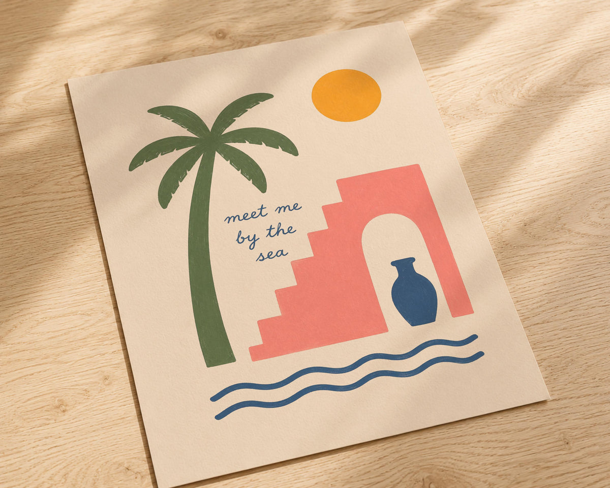 Meet Me By The Sea Hand-Painted Coastal Print | Mediterranean Palm Tree Wall Art | Framed or Unframed