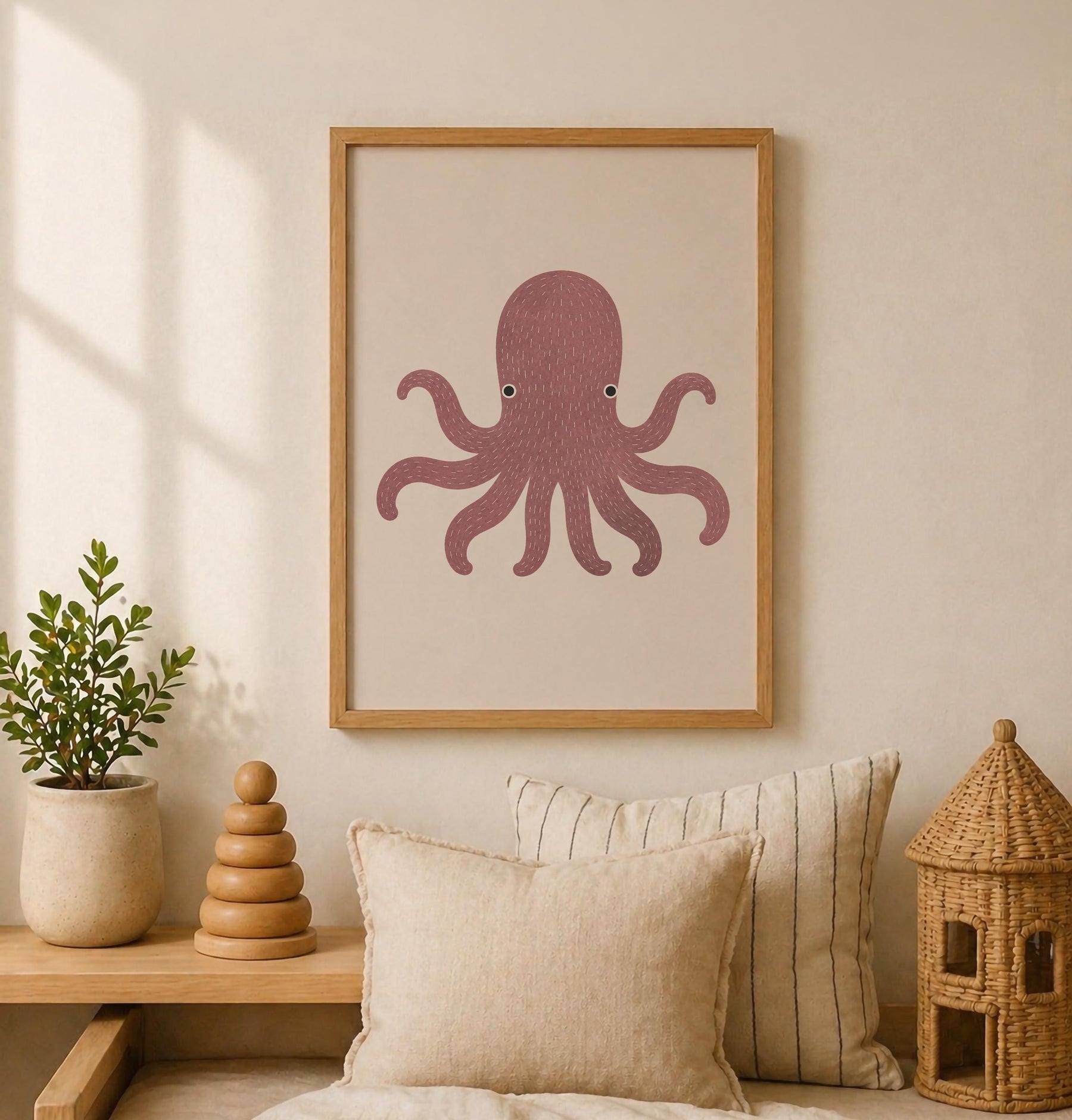Hand-Painted Octopus Print | Minimalist Scandinavian Coastal Nursery Decor | Framed or Unframed