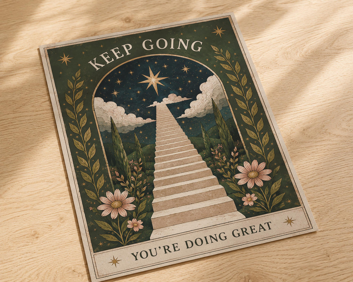 Keep Going Print | Inspirational Folk Art Wall Decor, Celestial Illustration, Framed or Unframed