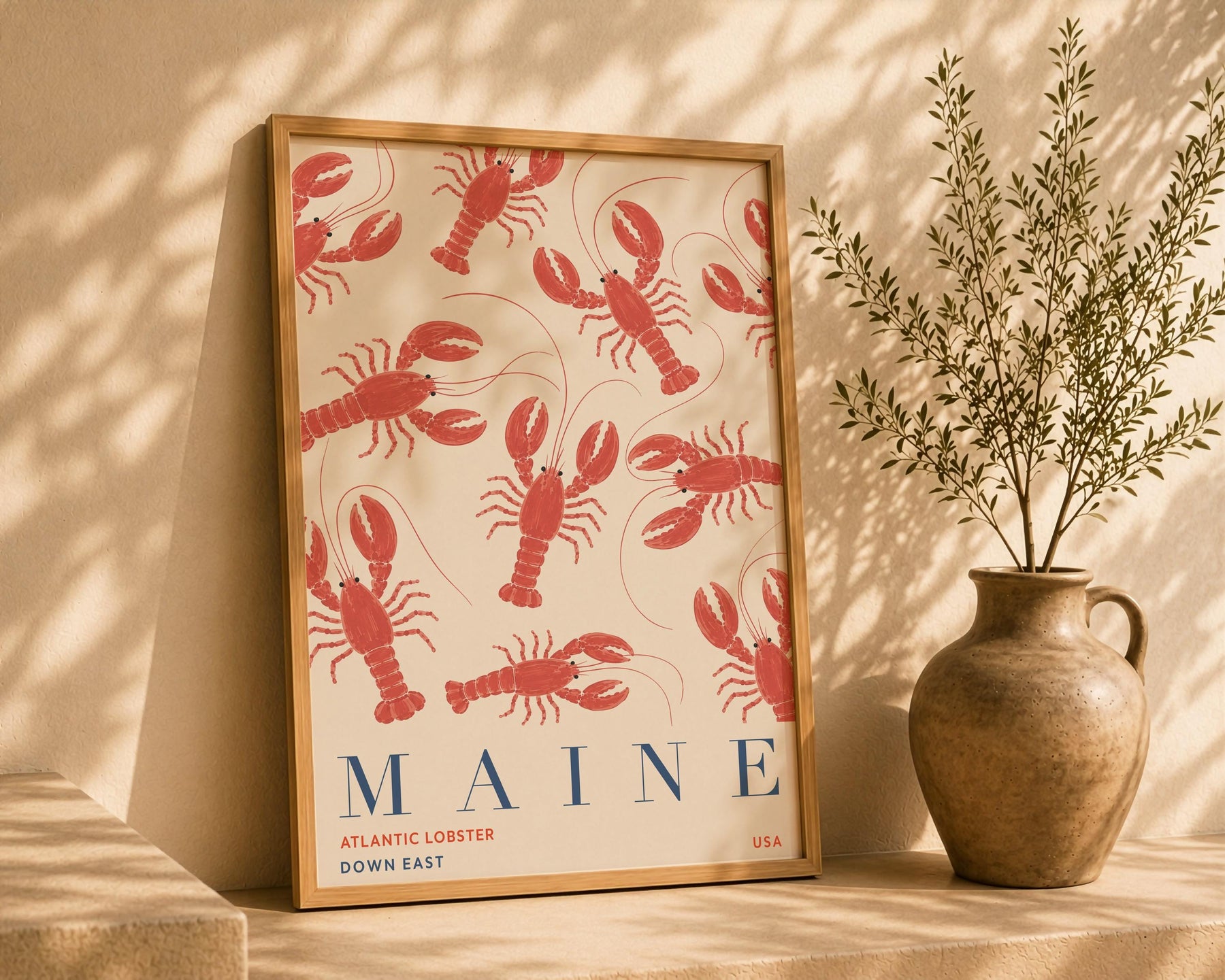 Maine Lobster Print | Coastal New England Travel Poster, Hand-Painted Nautical Art | Framed or Unframed