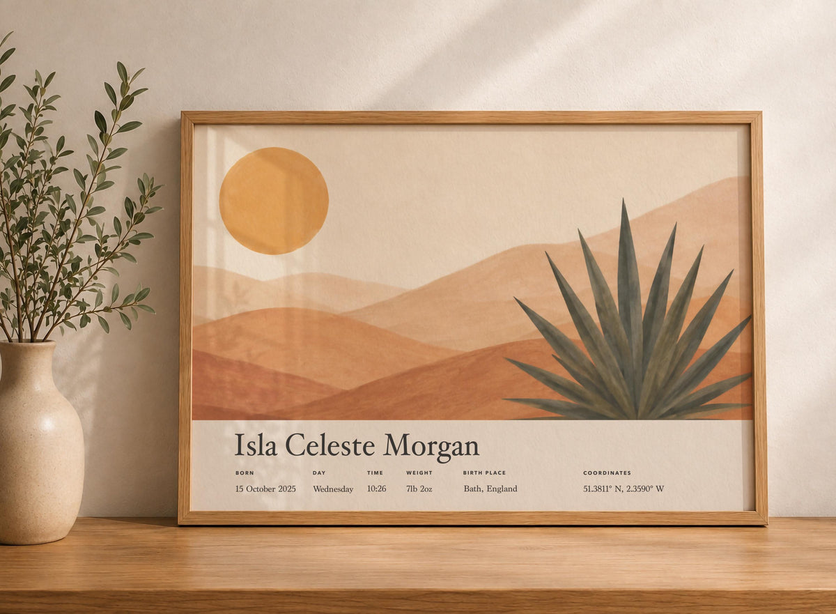 Personalised Birth Story Print | Agave Desert Landscape Nursery Art | Framed or Unframed