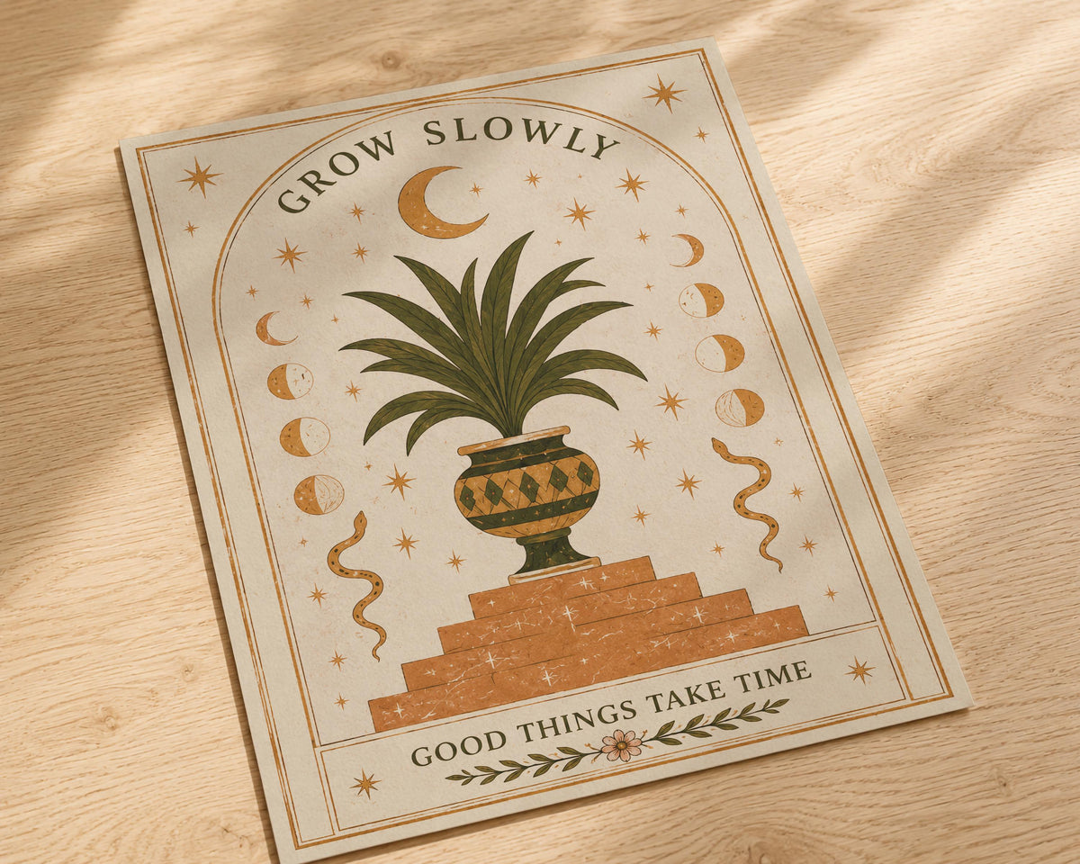 Grow Slowly Palm Tree Celestial Moon Phases Print | Inspirational Folk Art Botanical Nursery Wall Decor | Framed or Unframed