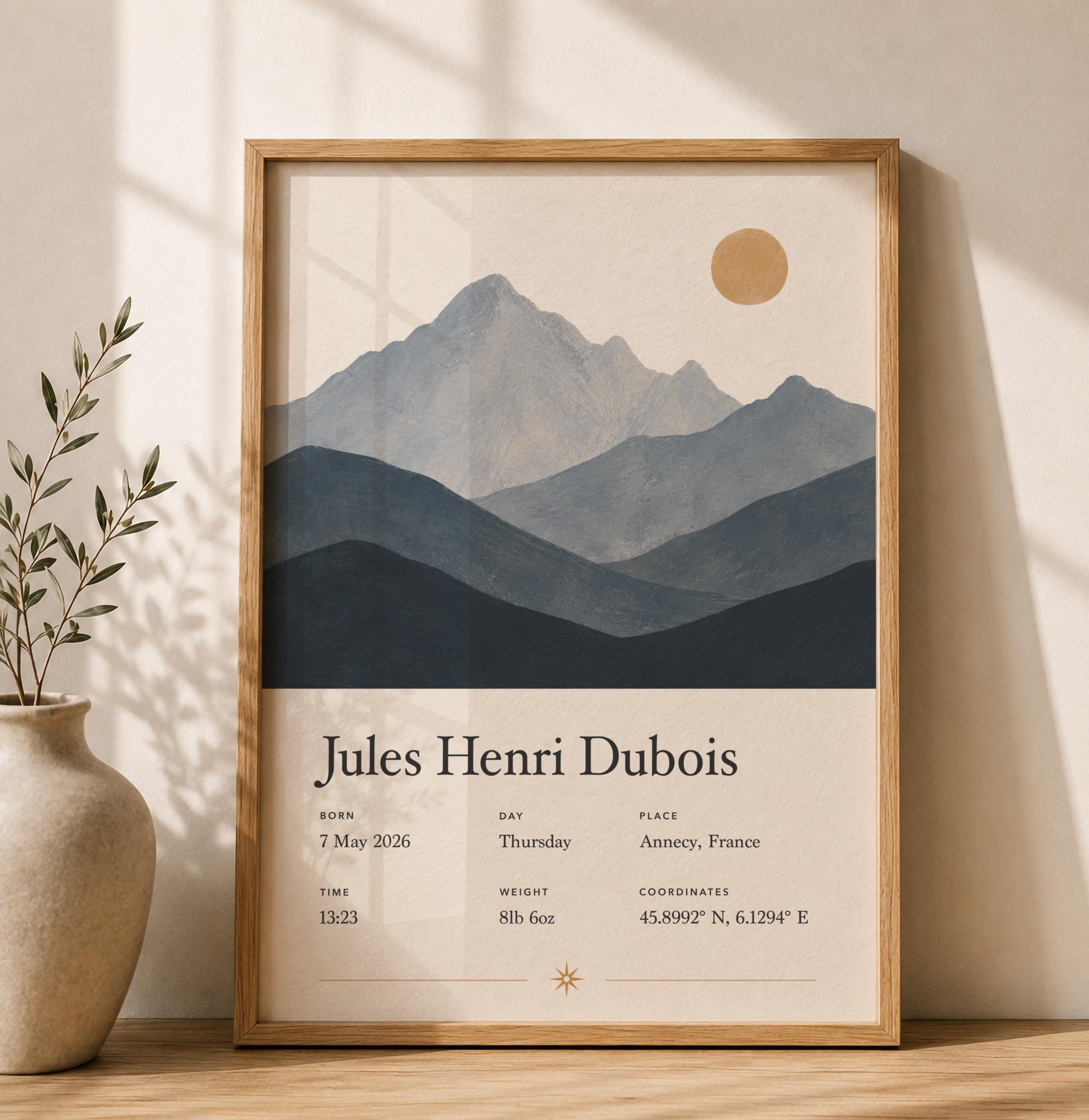 Personalised Birth Story Print | Mountain Landscape Nursery Wall Art | Framed or Unframed