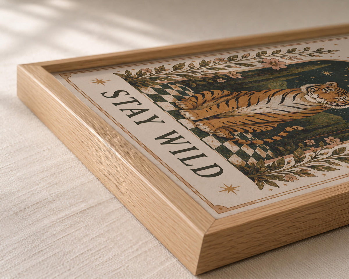 Be Bold Stay Wild Tiger Folk Art Print | Inspirational Moonlit Landscape Wall Decor | Framed or Unframed