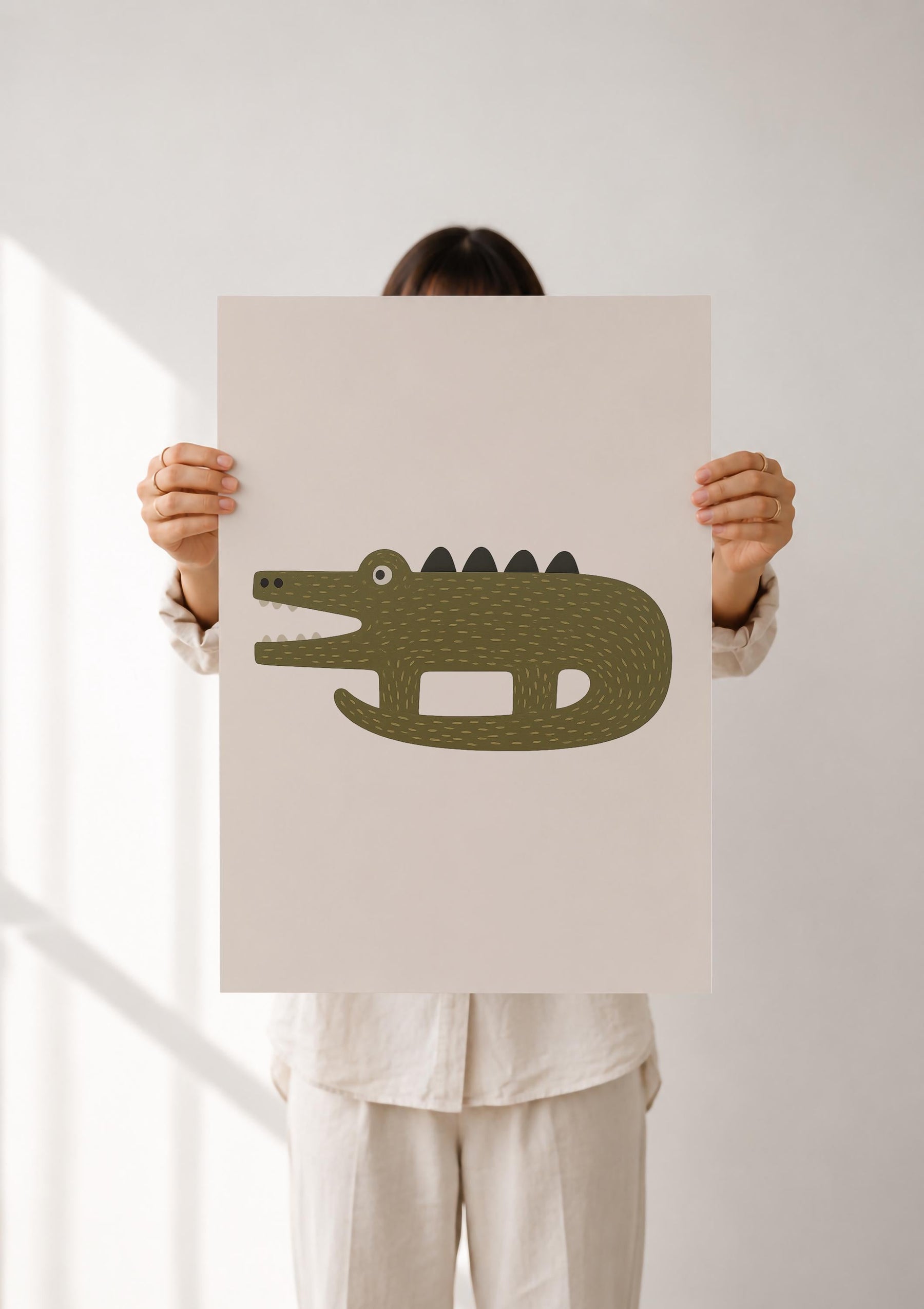 Hand-Painted Crocodile Print | Scandinavian Animal Art, Neutral Nursery Decor | Framed or Unframed