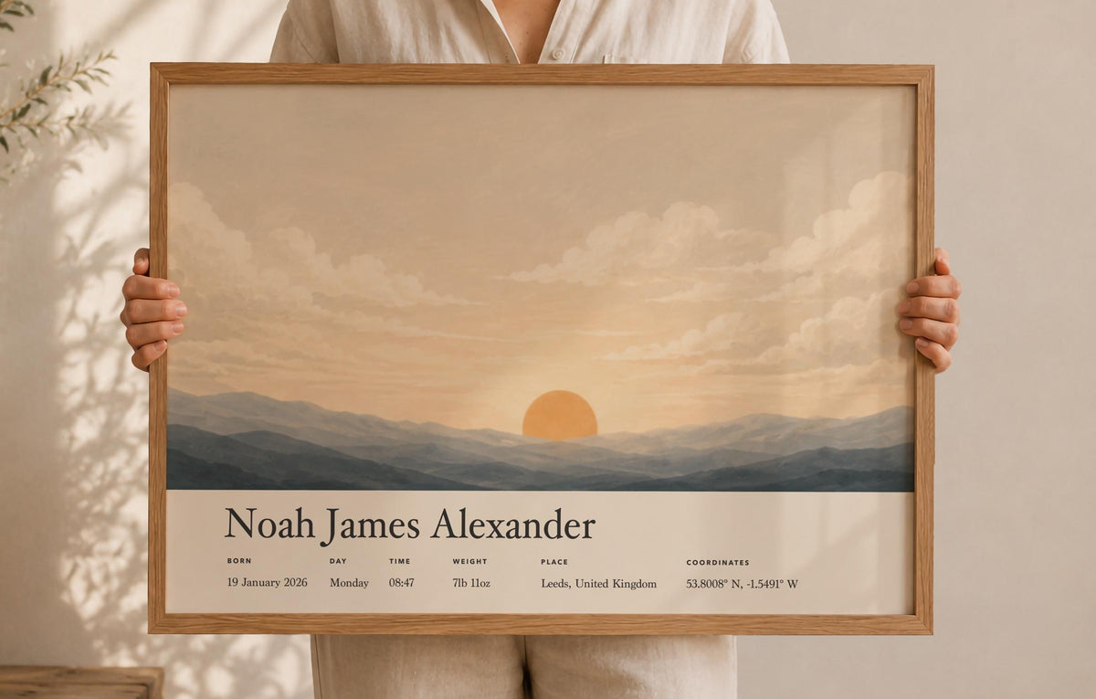 Personalised Birth Story Print | Sunrise Sunset Seascape Nursery Wall Art | Framed or Unframed