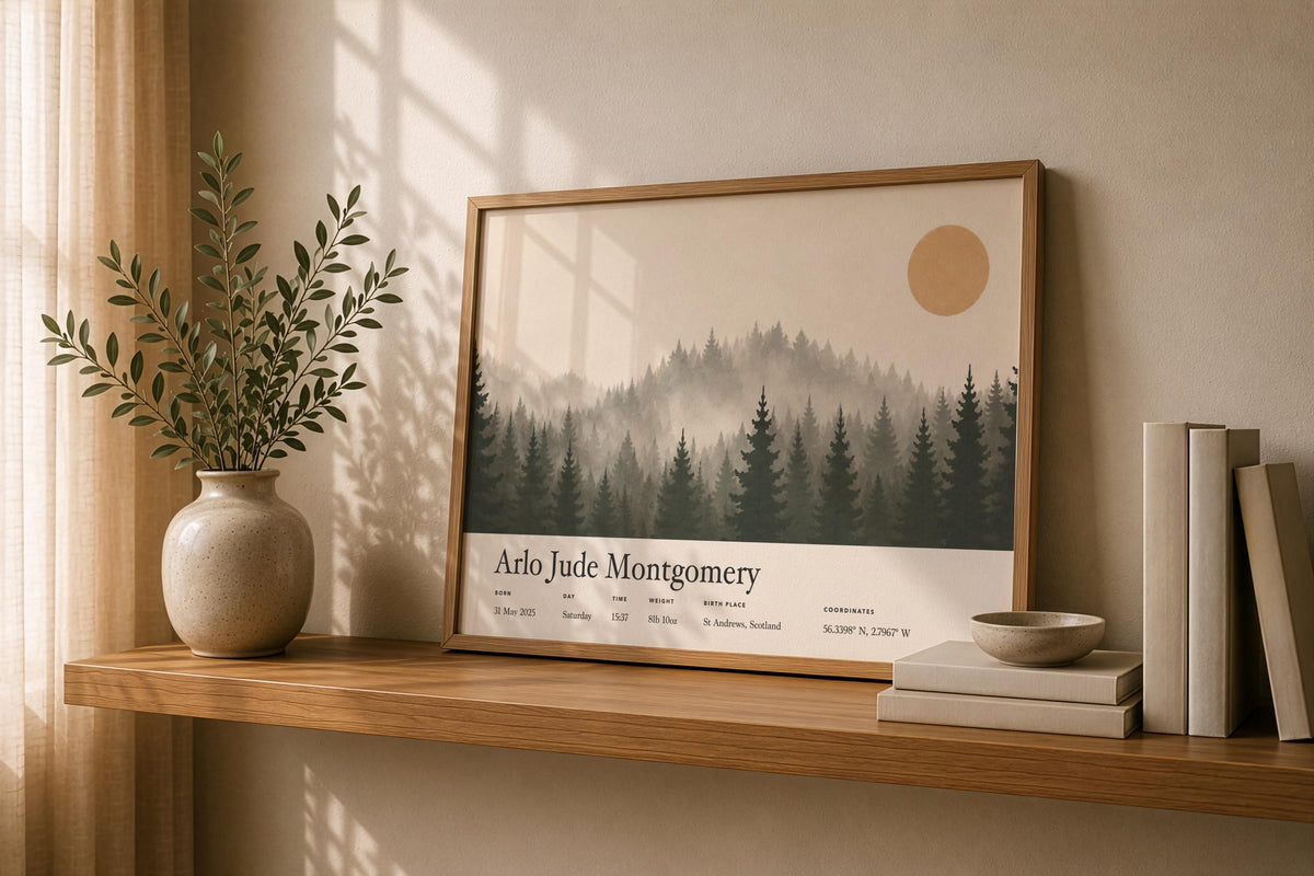 Personalised Birth Story Landscape Print | Forest Hills Nursery Wall Art | Framed or Unframed