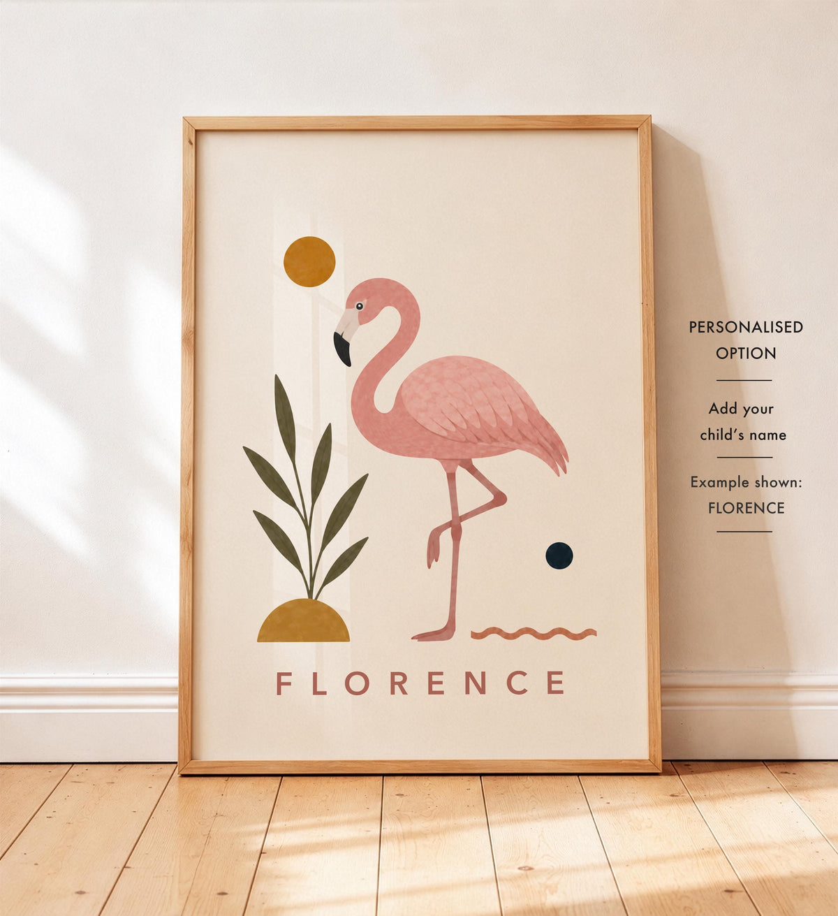 Personalised Flamingo Nursery Print, Modern Playroom Tropical Bird Wall Art, Framed or Unframed Poster