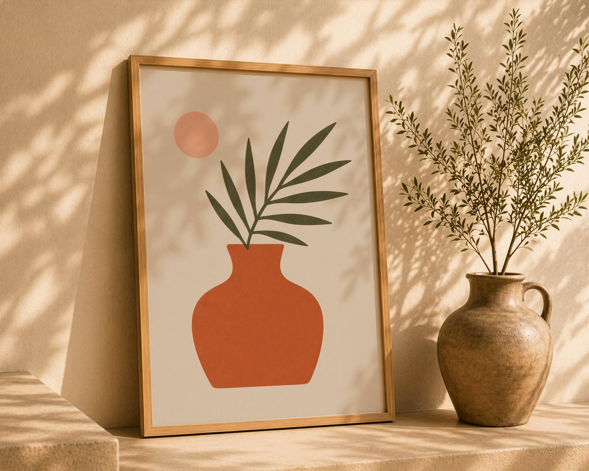 Vela Palm Leaf Vase Print | Minimalist Botanical Terracotta Wall Art | Framed or Unframed