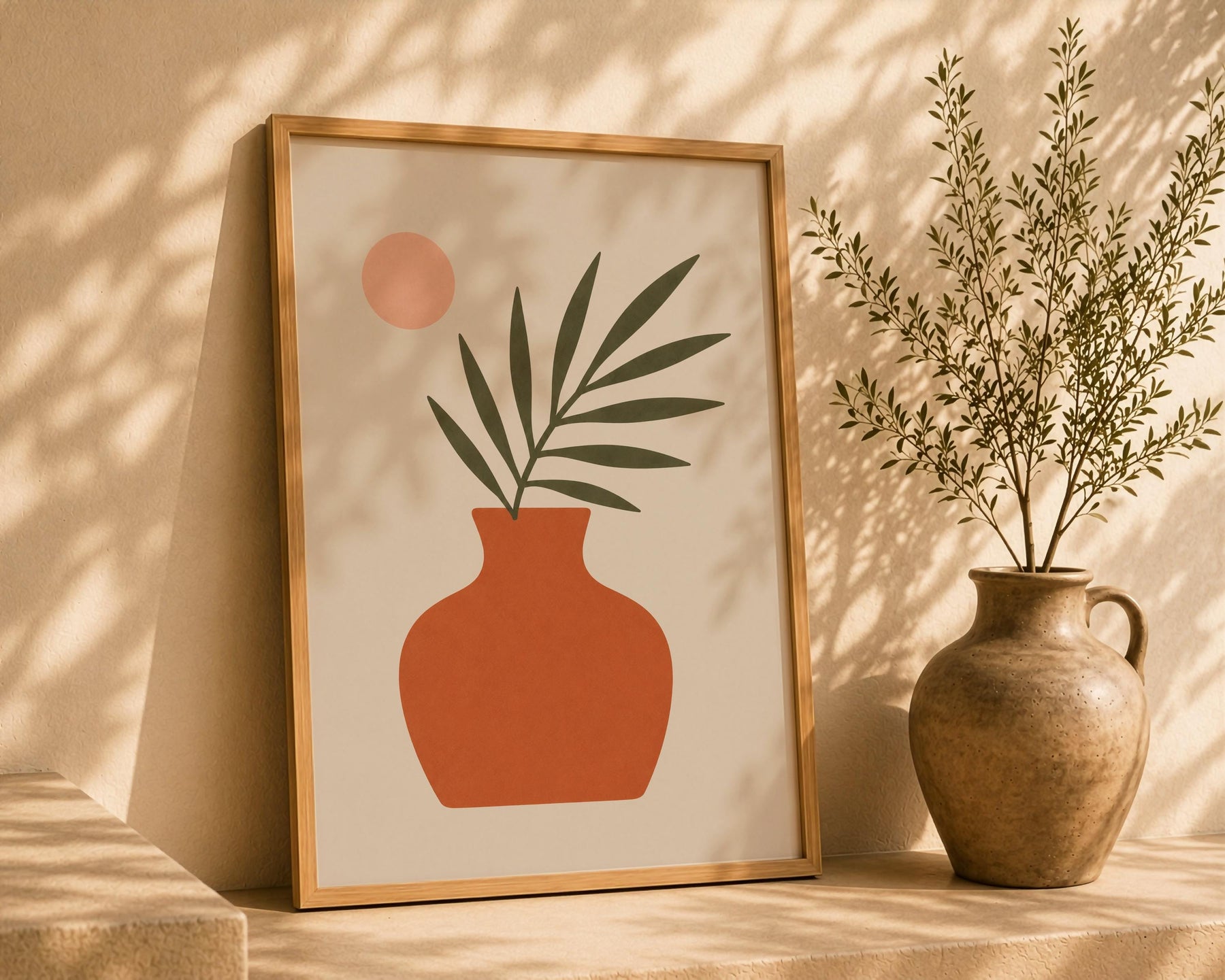 Vela Palm Leaf Vase Print | Minimalist Botanical Terracotta Wall Art | Framed or Unframed