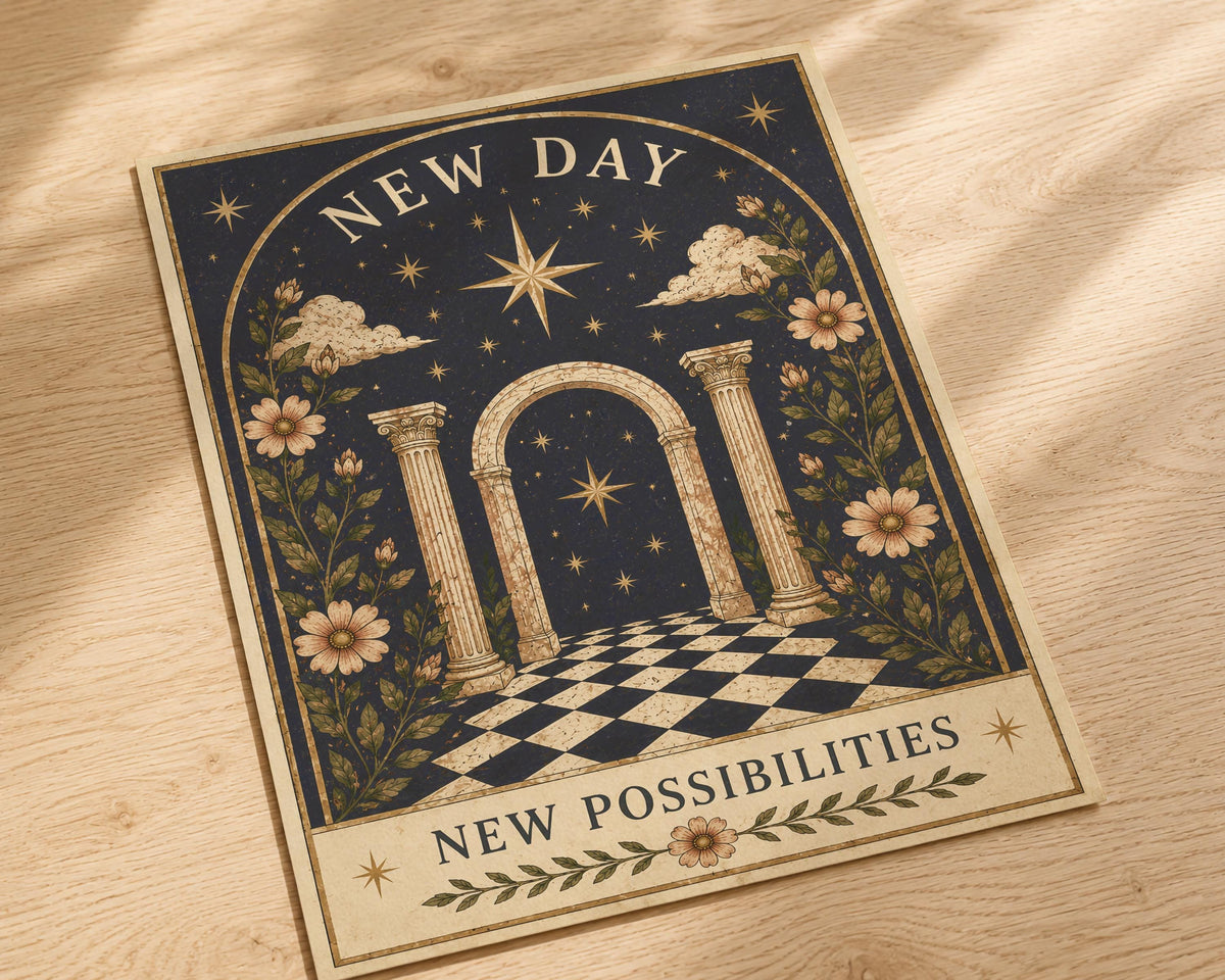New Day New Possibilities Celestial Folk Art Print | Inspirational Positive Message Wall Art | Framed or Unframed