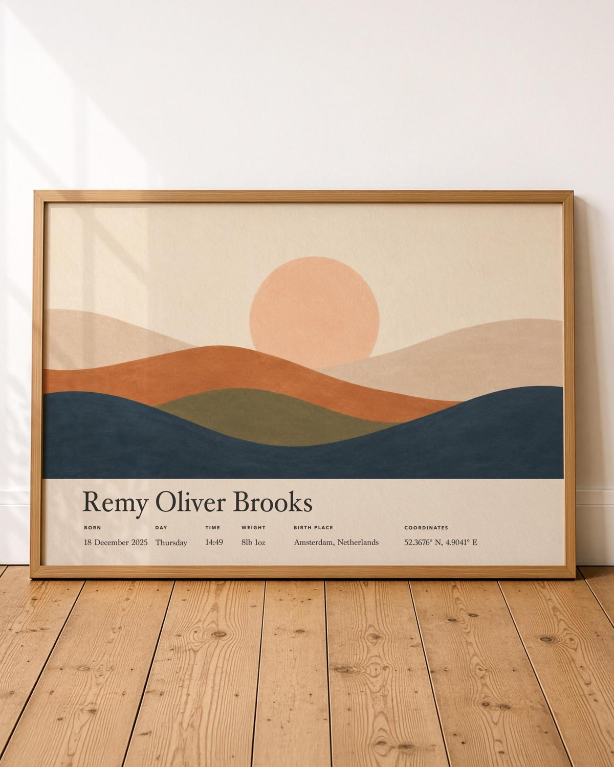 Personalised Birth Story Landscape Print | Rolling Hills Sunrise Nursery Art | Framed or Unframed