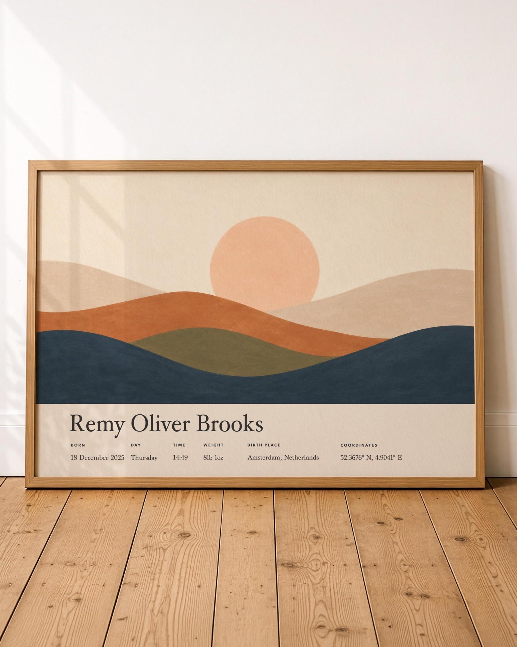 Personalised Birth Story Landscape Print | Rolling Hills Sunrise Nursery Art | Framed or Unframed