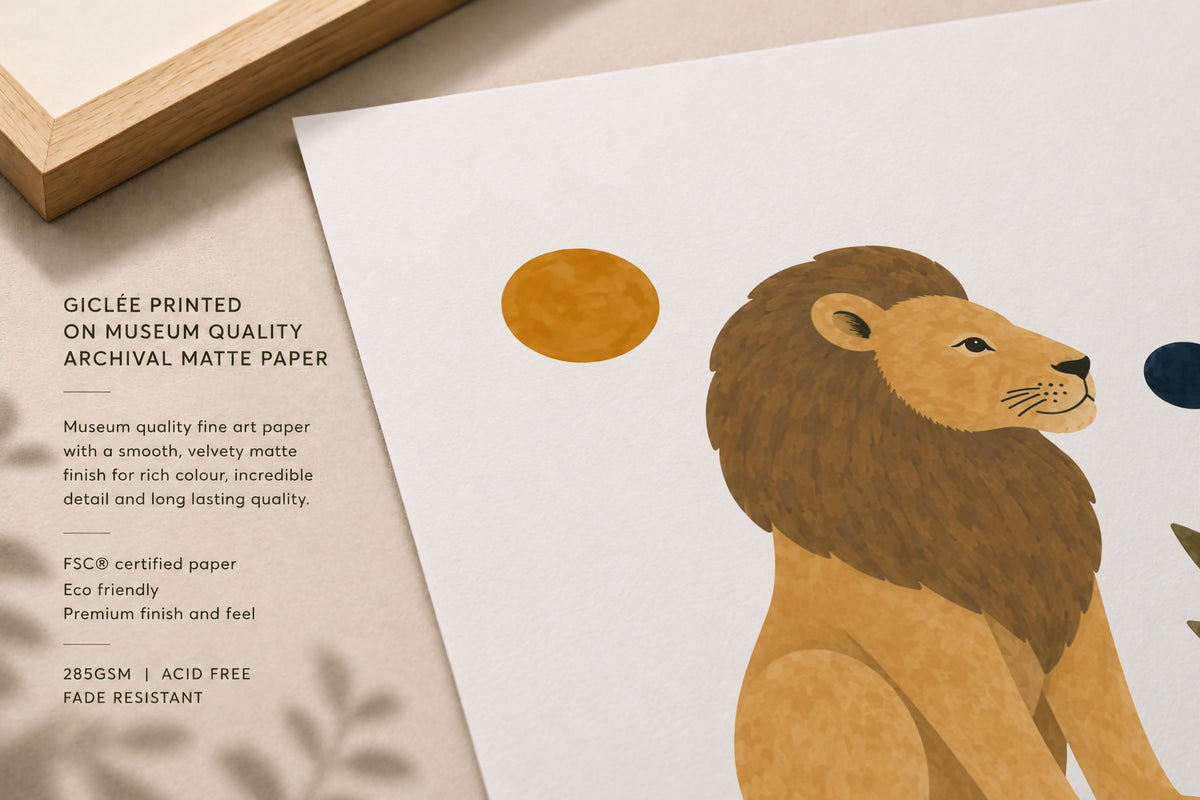 Personalised Lion Nursery Print | Modern Safari Animal Wall Art | Framed or Unframed