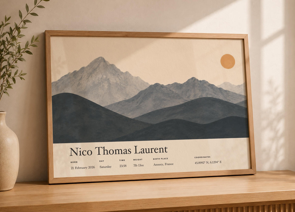 Personalised Birth Story Landscape Print | Mountain Nursery Wall Art | Framed or Unframed