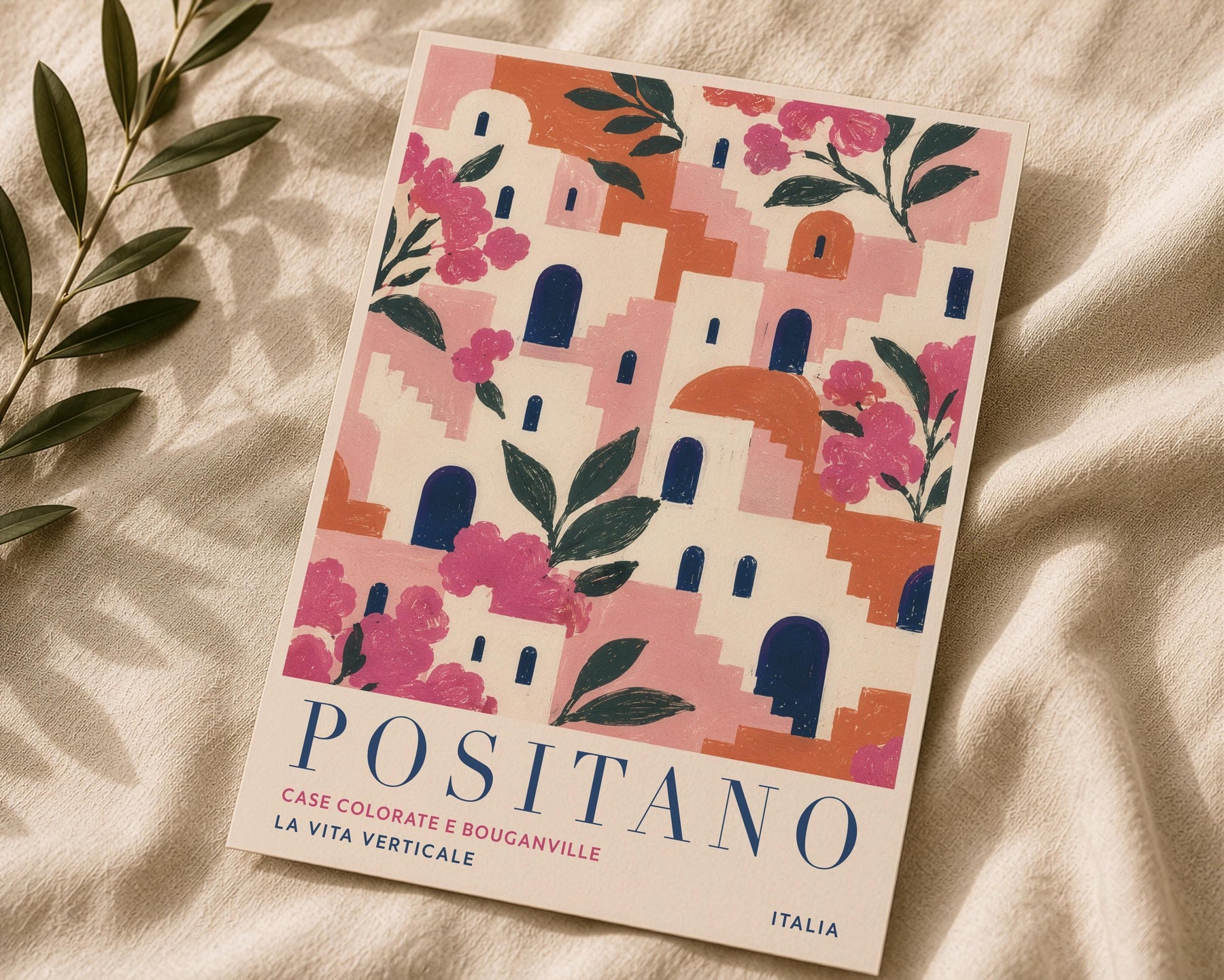 Positano Print | Amalfi Coast Travel Poster, Bougainvillea Floral Wall Art | Framed or Unframed