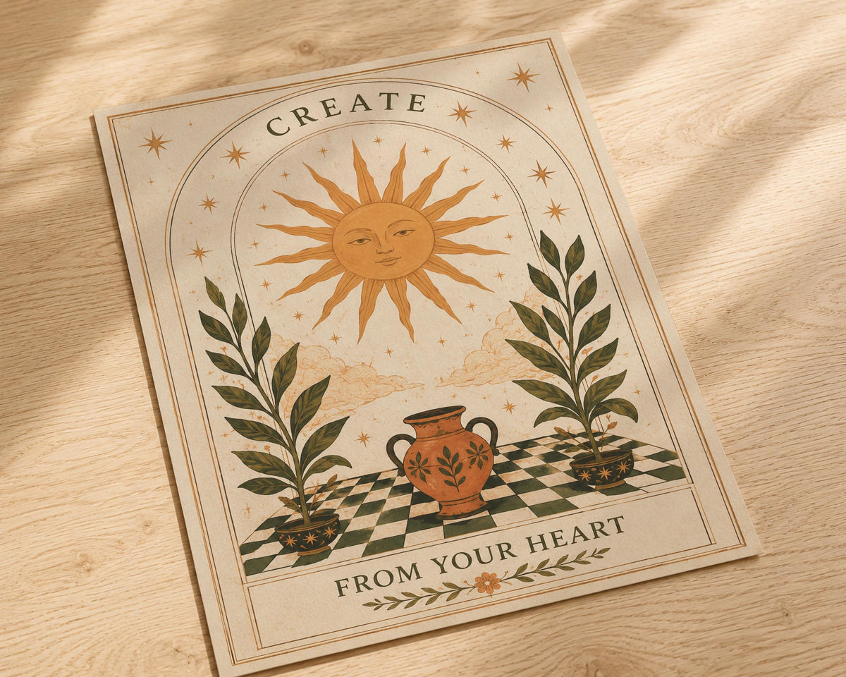 Create From Your Heart Sun Print | Inspirational Celestial Wall Art, Folk Sun Illustration, Framed or Unframed