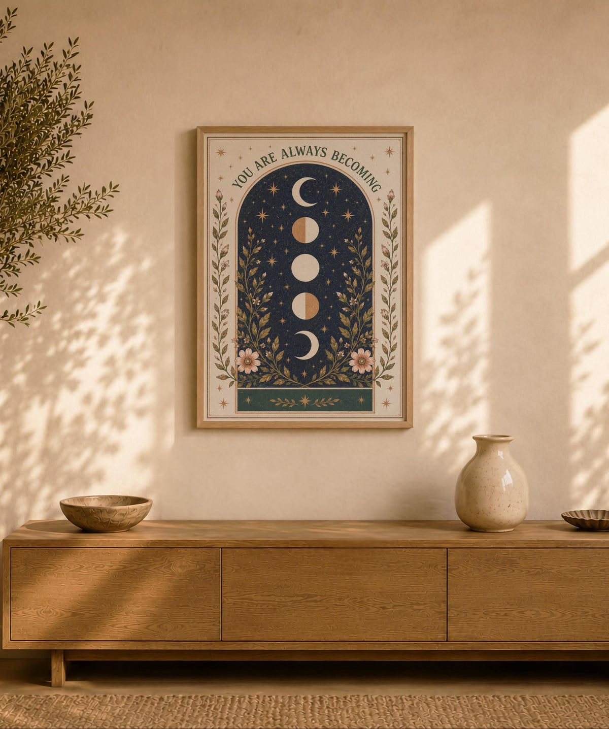 You Are Always Becoming Celestial Moon Phase Print | Positive Message Folk Art Nursery Wall Art | Framed or Unframed
