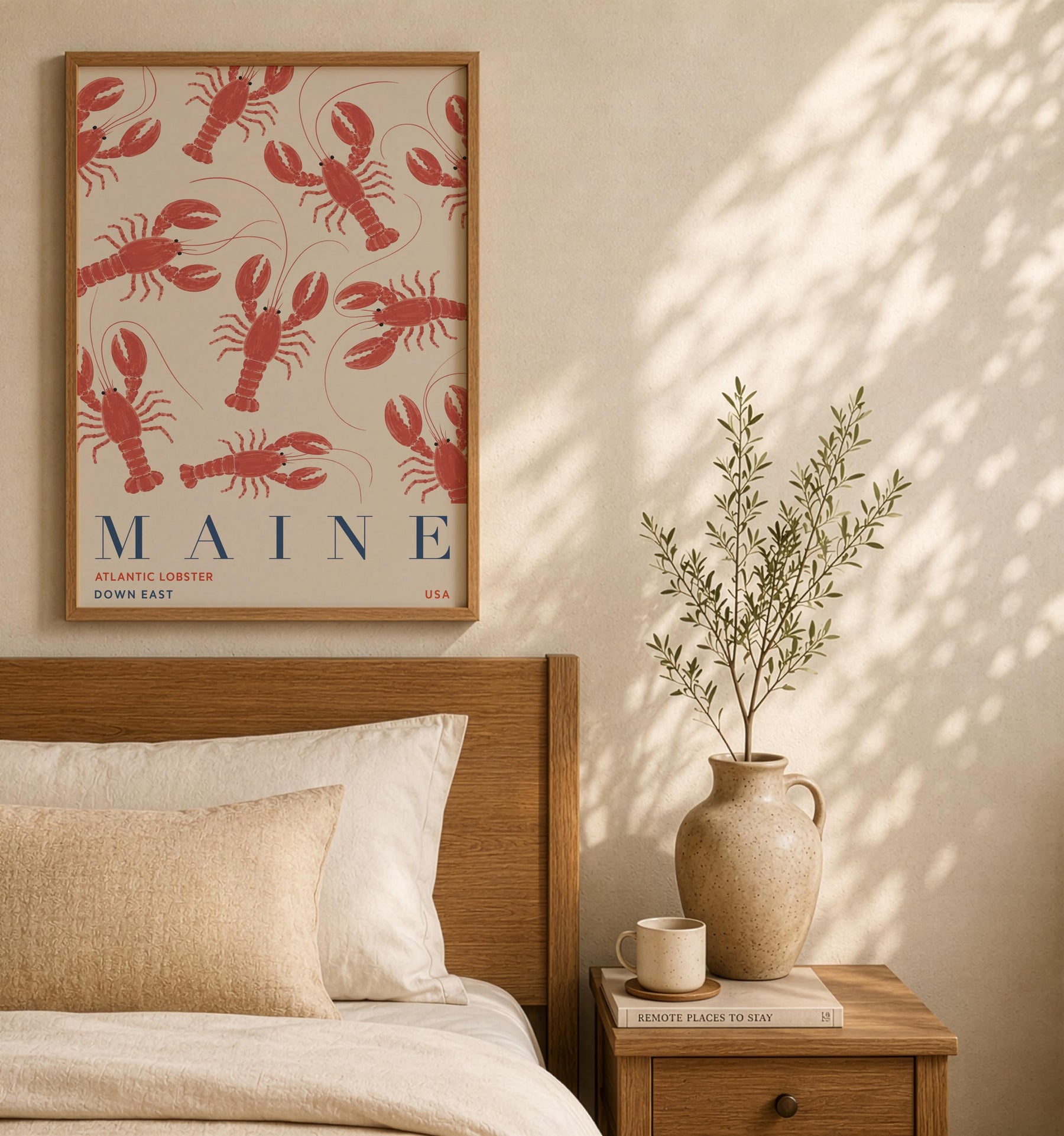 Maine Lobster Print | Coastal New England Travel Poster, Hand-Painted Nautical Art | Framed or Unframed