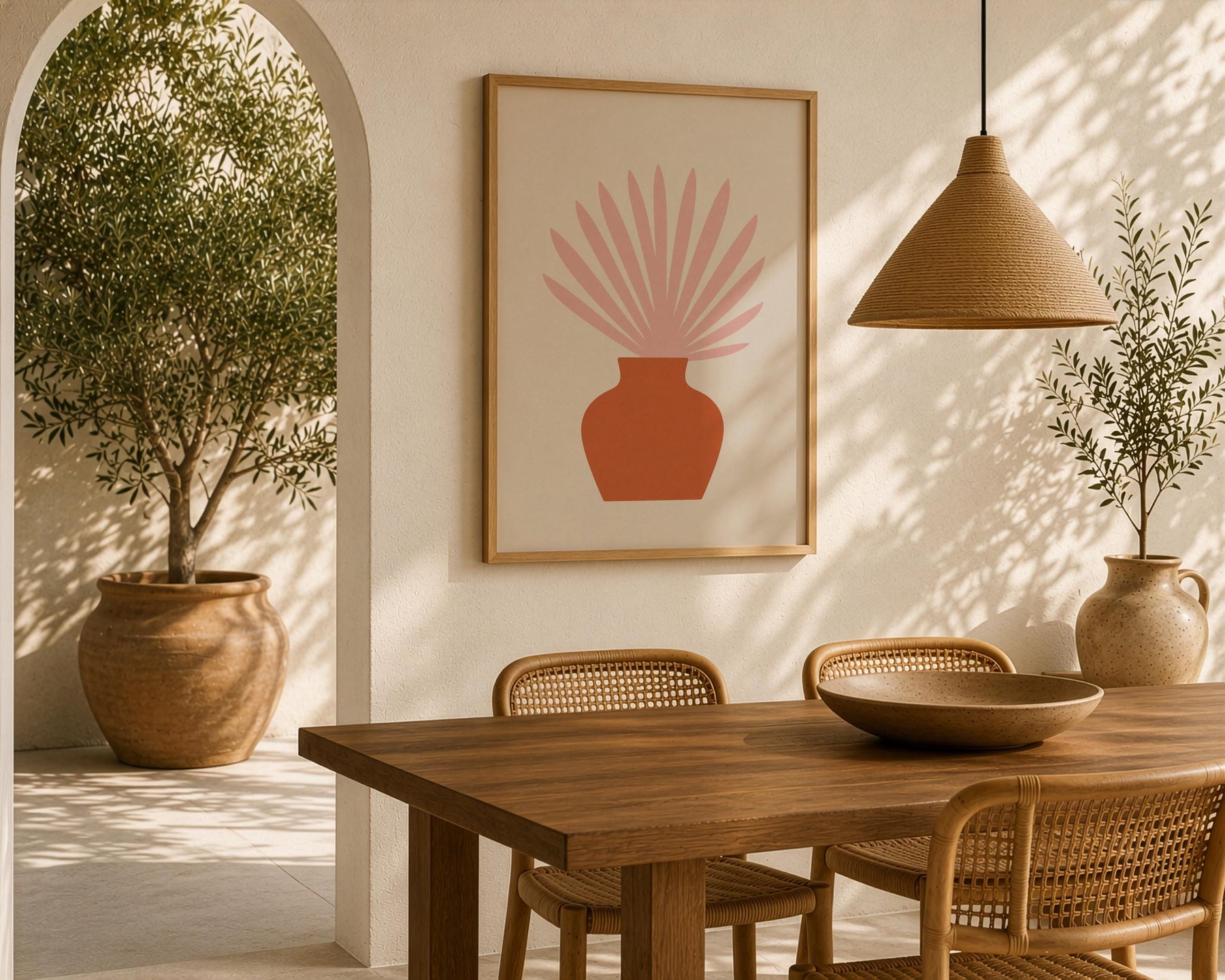 Botanical Vase Print | Ventaglio Pink Fan Palm, Mediterranean Wall Art | Framed or Unframed