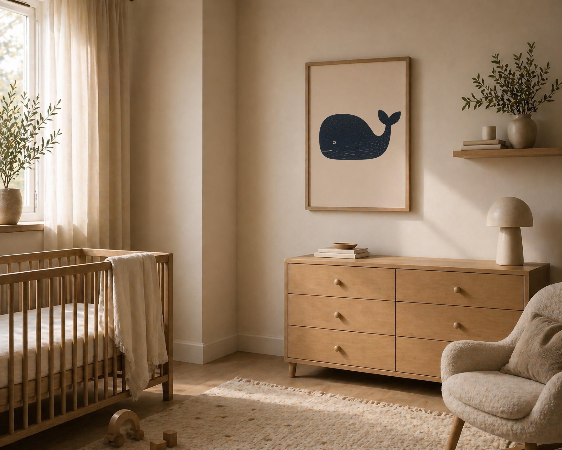 Hand-Painted Whale Print | Scandinavian Coastal Nursery Decor | Framed or Unframed